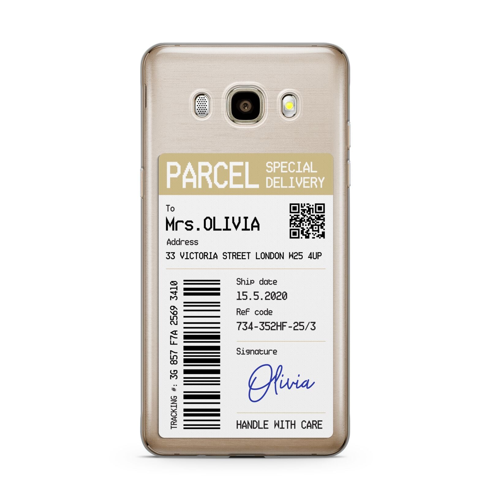 Parcel Label with Name Samsung Galaxy J7 2016 Case on gold phone