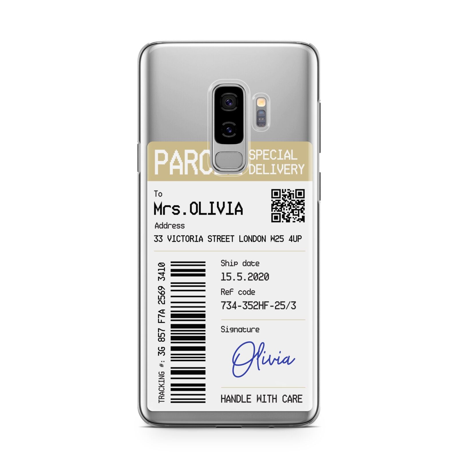 Parcel Label with Name Samsung Galaxy S9 Plus Case on Silver phone