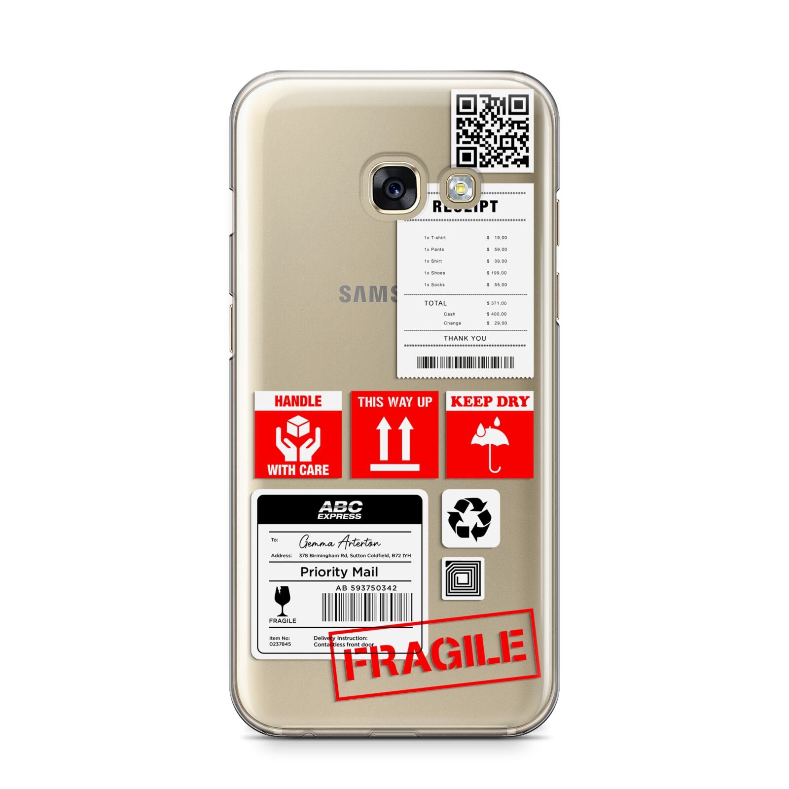 Parcel Stickers with Name Samsung Galaxy A3 2017 Case on gold phone