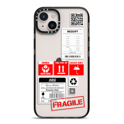 Parcel Stickers with Name iPhone 14 Plus Black Impact Case on Silver phone