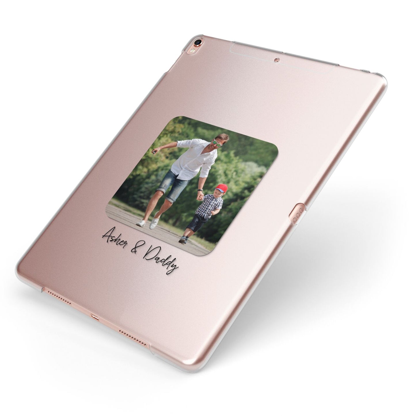Parent and Child Photo with Text Apple iPad Case on Rose Gold iPad Side View