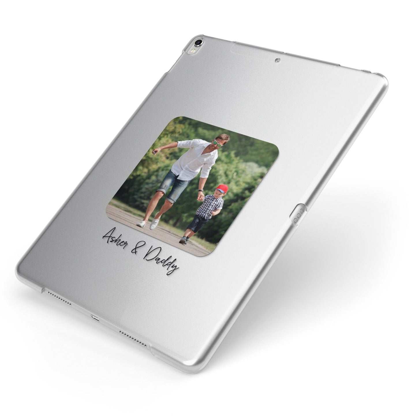 Parent and Child Photo with Text Apple iPad Case on Silver iPad Side View