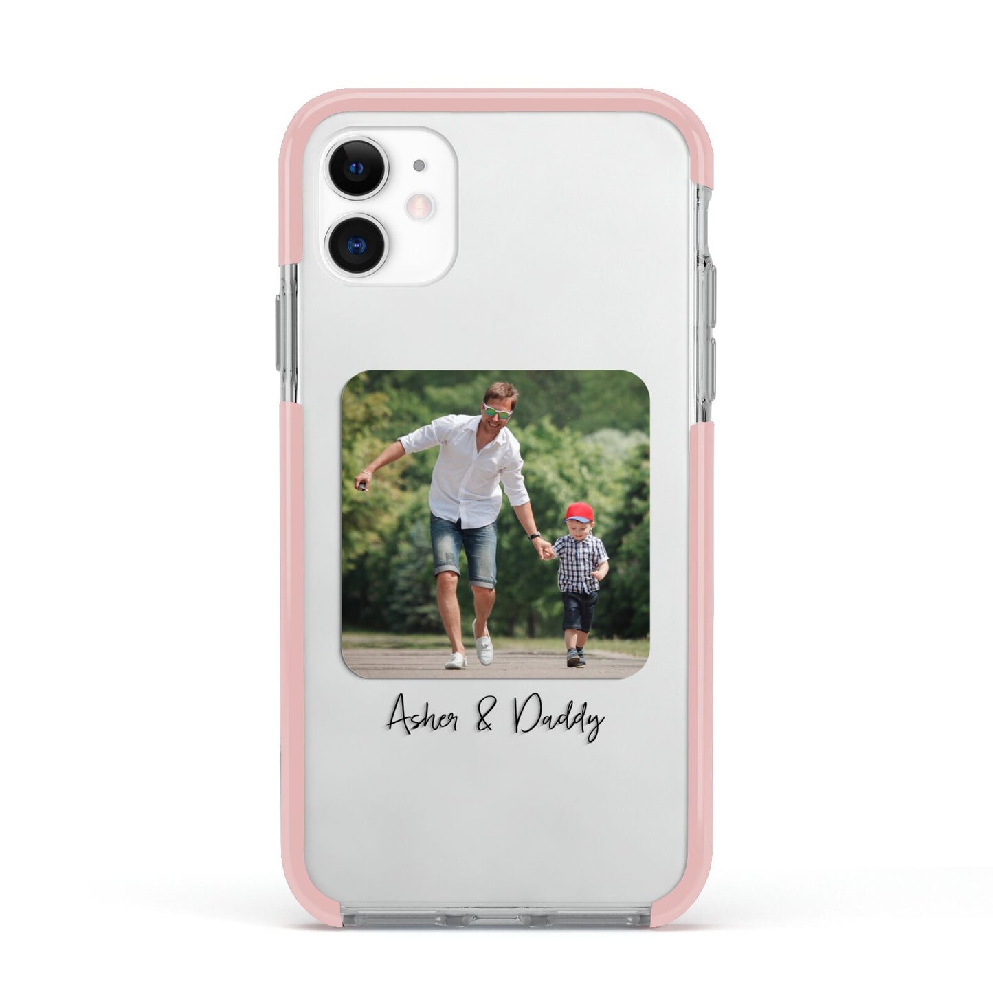 Parent and Child Photo with Text Apple iPhone 11 in White with Pink Impact Case