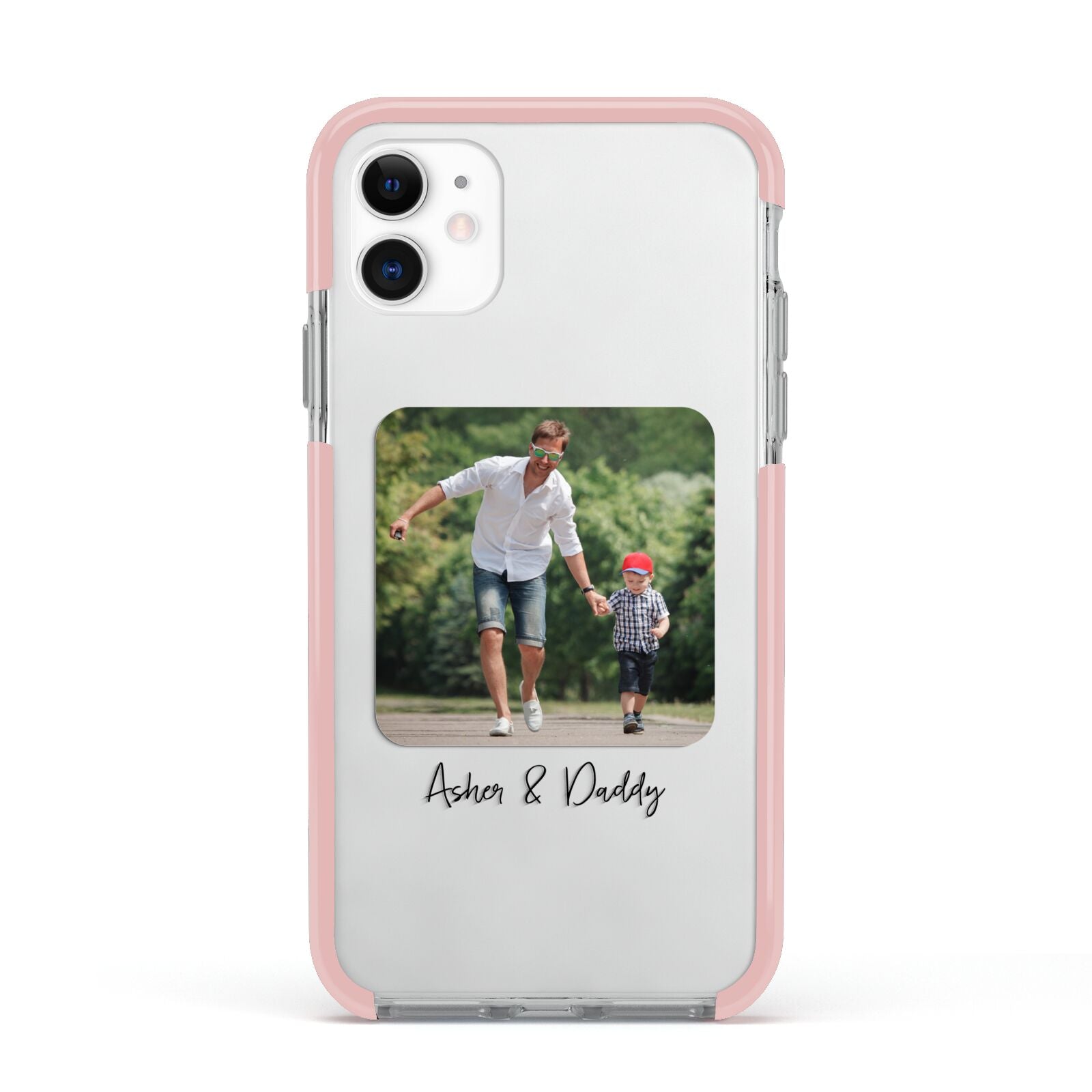 Parent and Child Photo with Text Apple iPhone 11 in White with Pink Impact Case