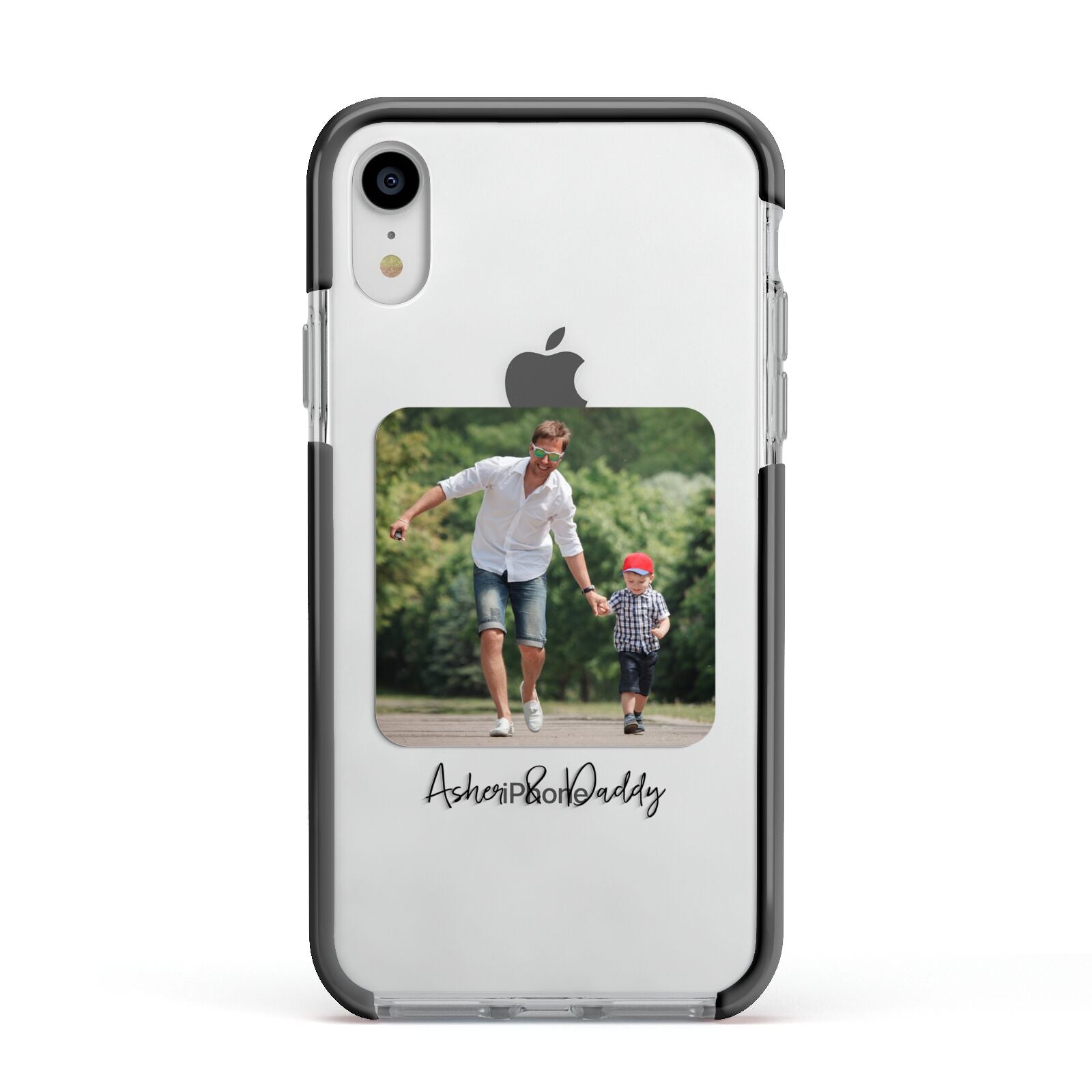 Parent and Child Photo with Text Apple iPhone XR Impact Case Black Edge on Silver Phone