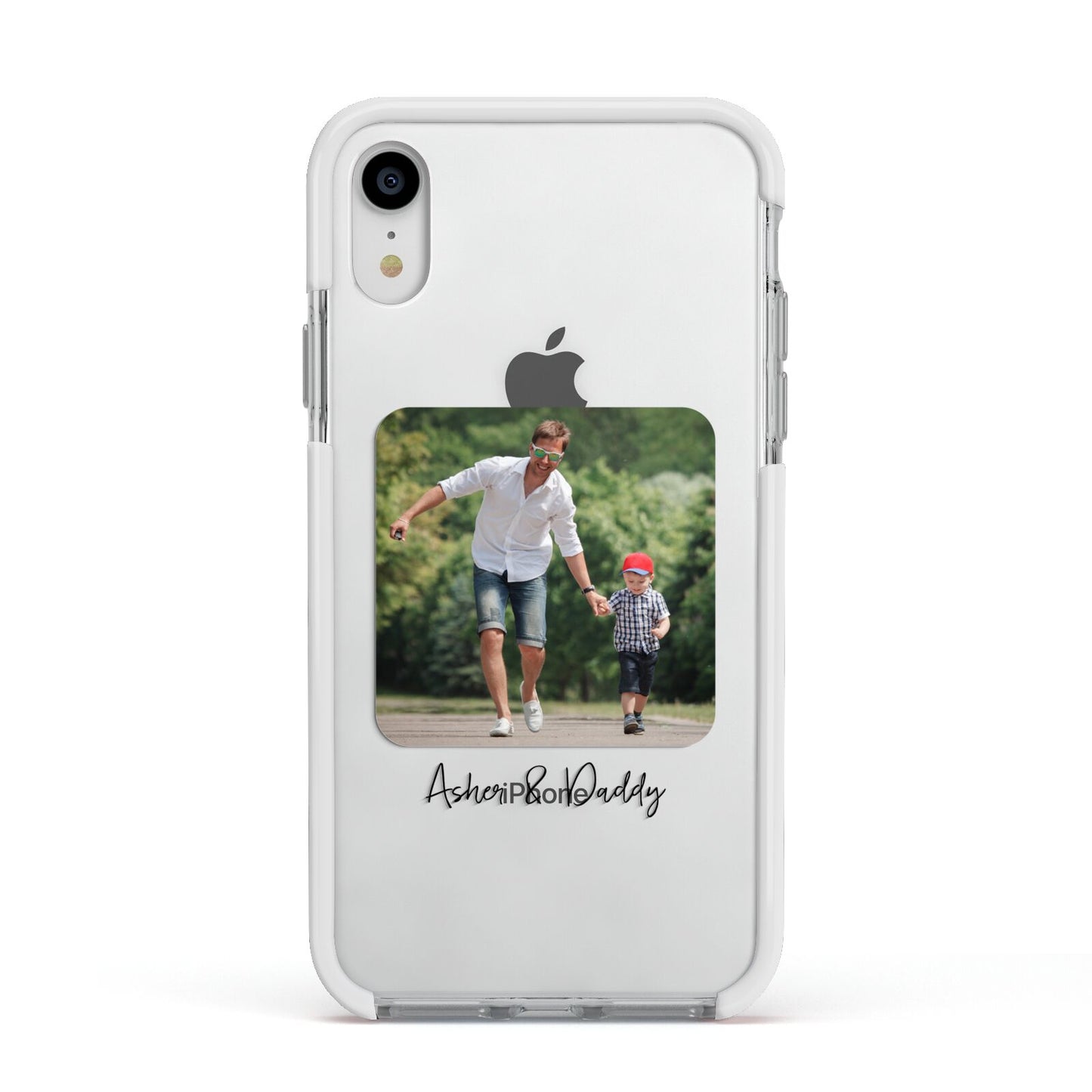 Parent and Child Photo with Text Apple iPhone XR Impact Case White Edge on Silver Phone