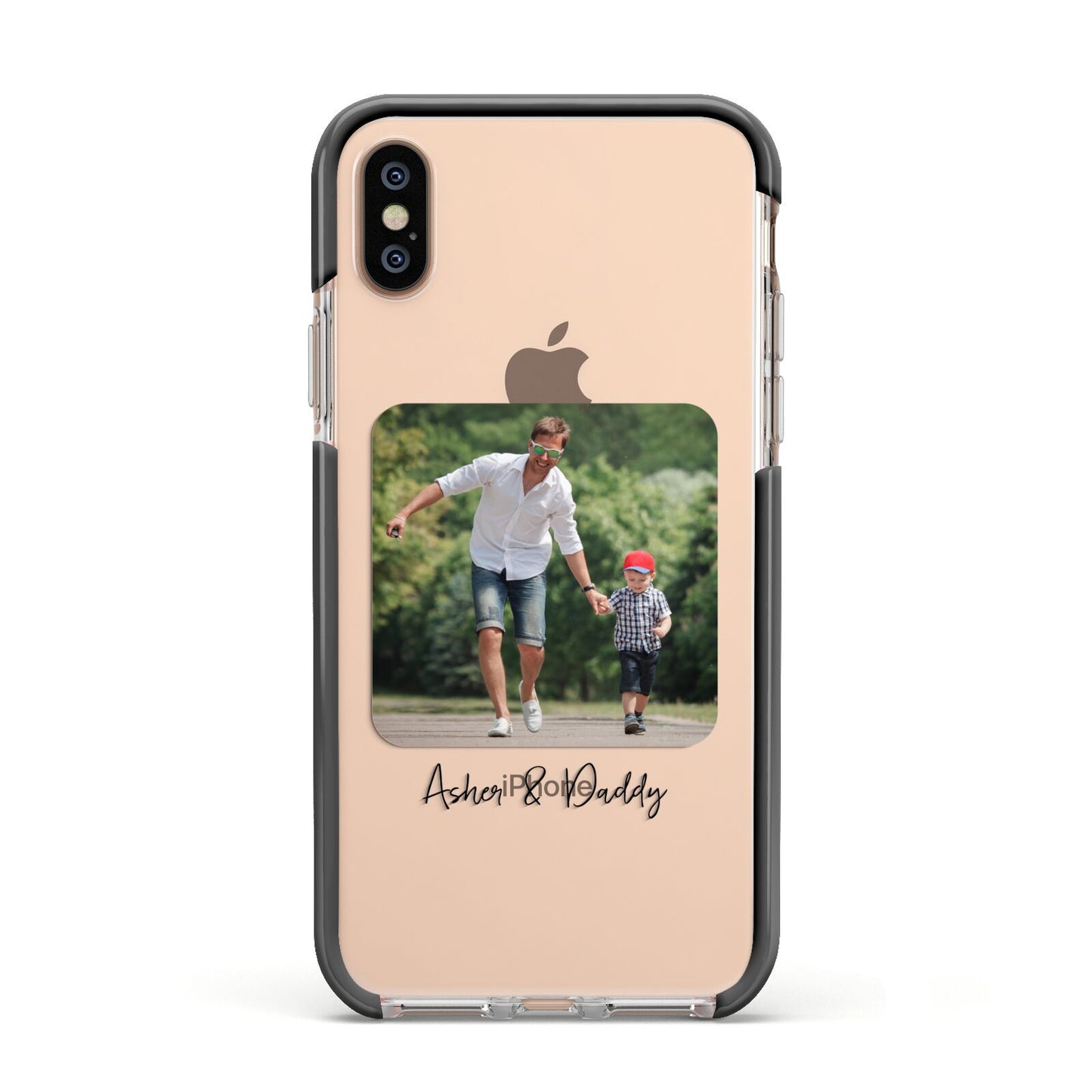 Parent and Child Photo with Text Apple iPhone Xs Impact Case Black Edge on Gold Phone