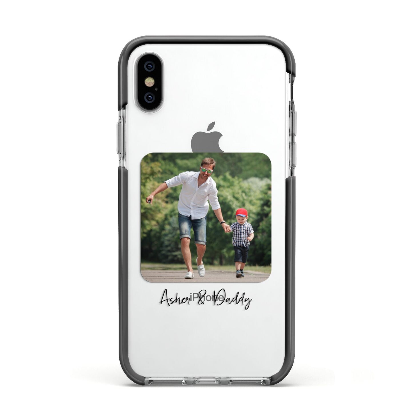 Parent and Child Photo with Text Apple iPhone Xs Impact Case Black Edge on Silver Phone