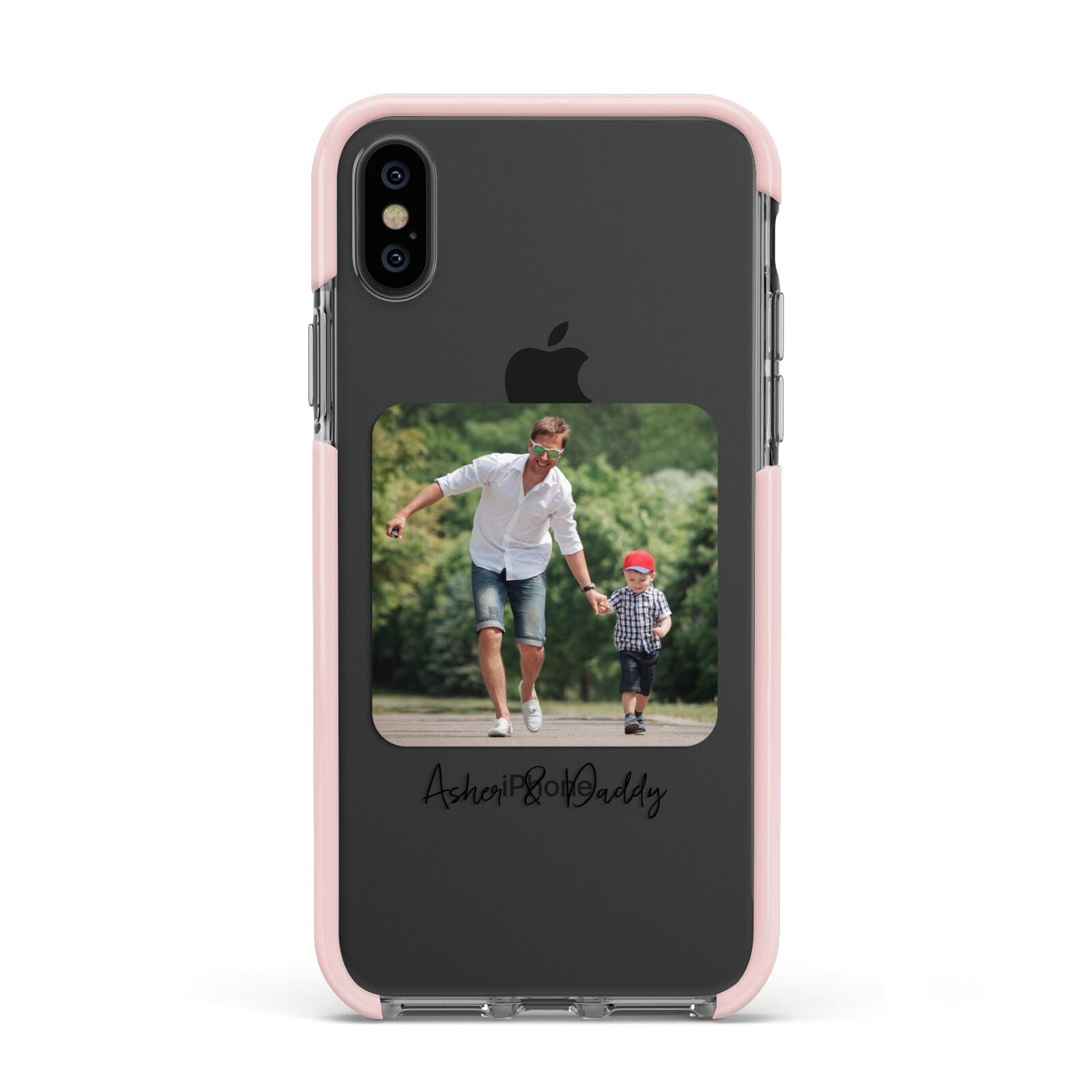 Parent and Child Photo with Text Apple iPhone Xs Impact Case Pink Edge on Black Phone