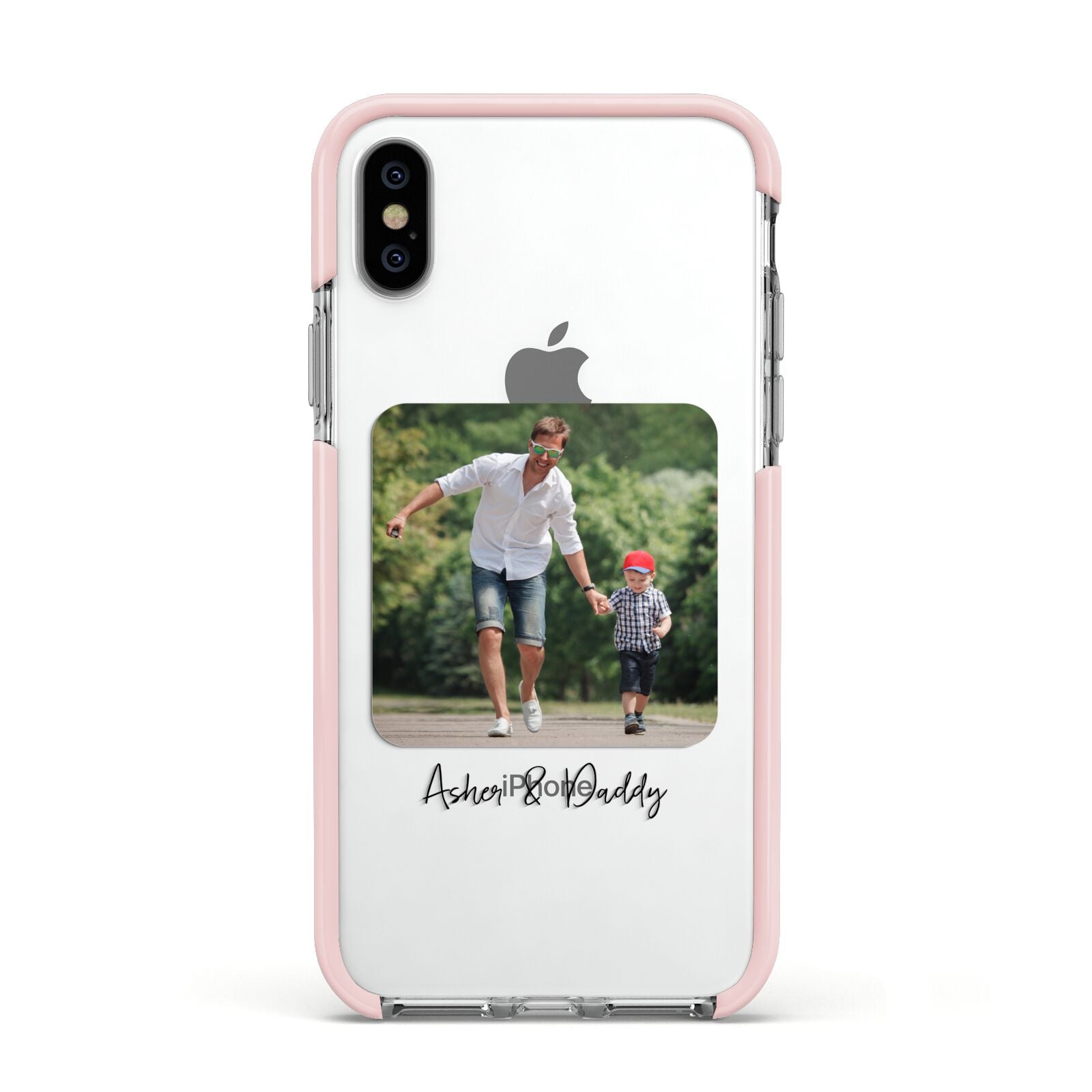 Parent and Child Photo with Text Apple iPhone Xs Impact Case Pink Edge on Silver Phone