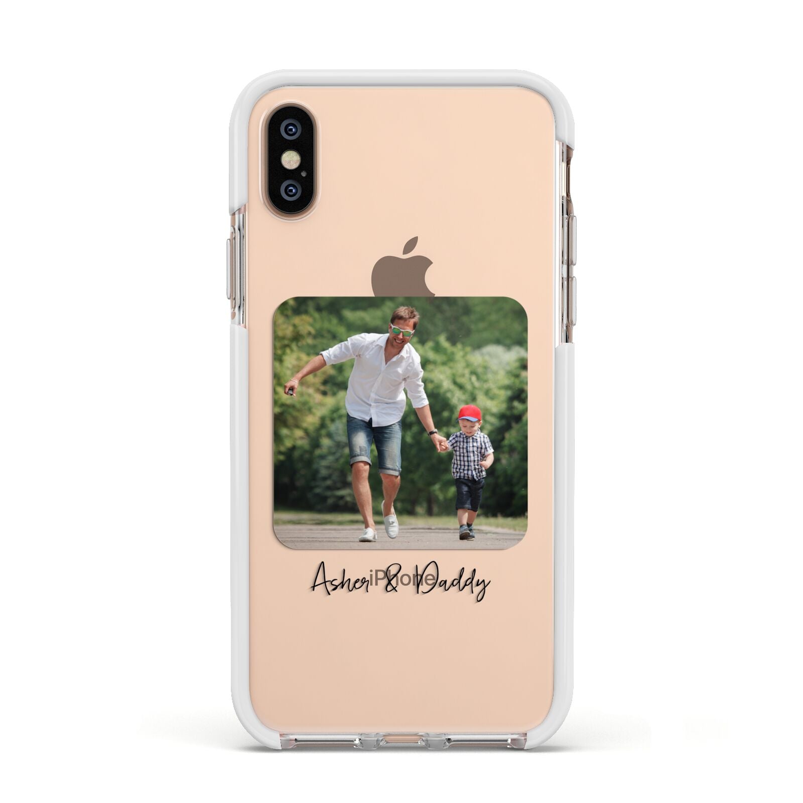 Parent and Child Photo with Text Apple iPhone Xs Impact Case White Edge on Gold Phone