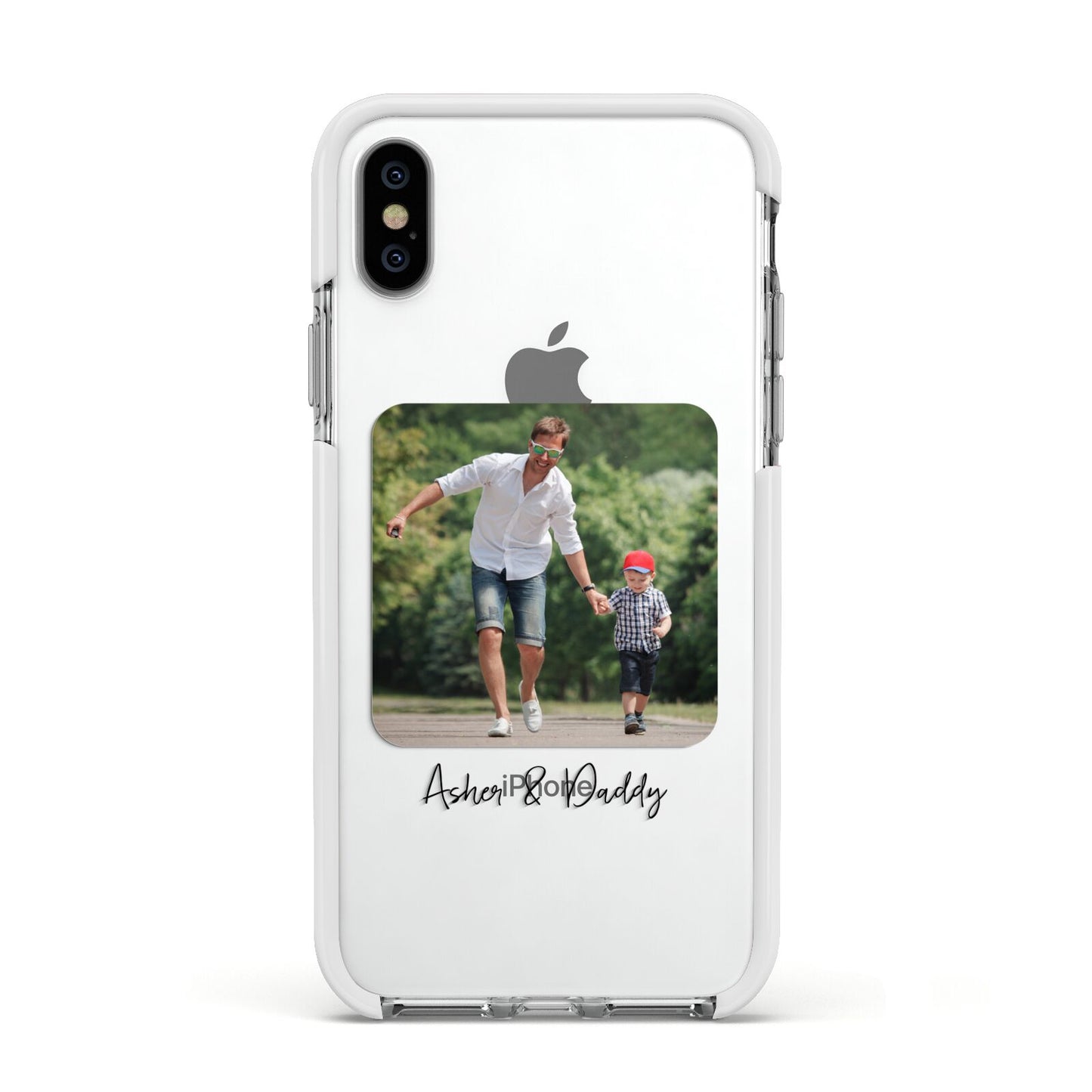 Parent and Child Photo with Text Apple iPhone Xs Impact Case White Edge on Silver Phone
