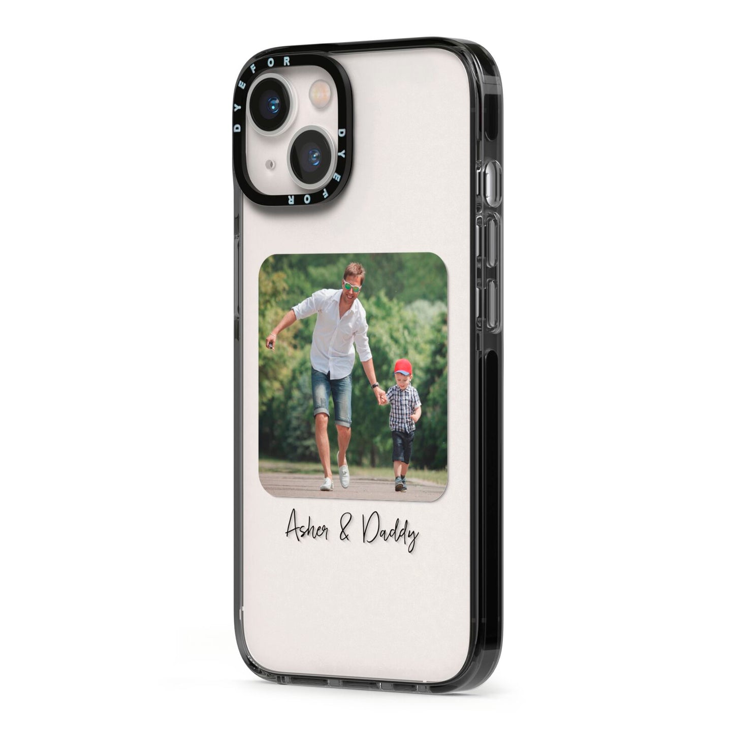 Parent and Child Photo with Text iPhone 13 Black Impact Case Side Angle on Silver phone