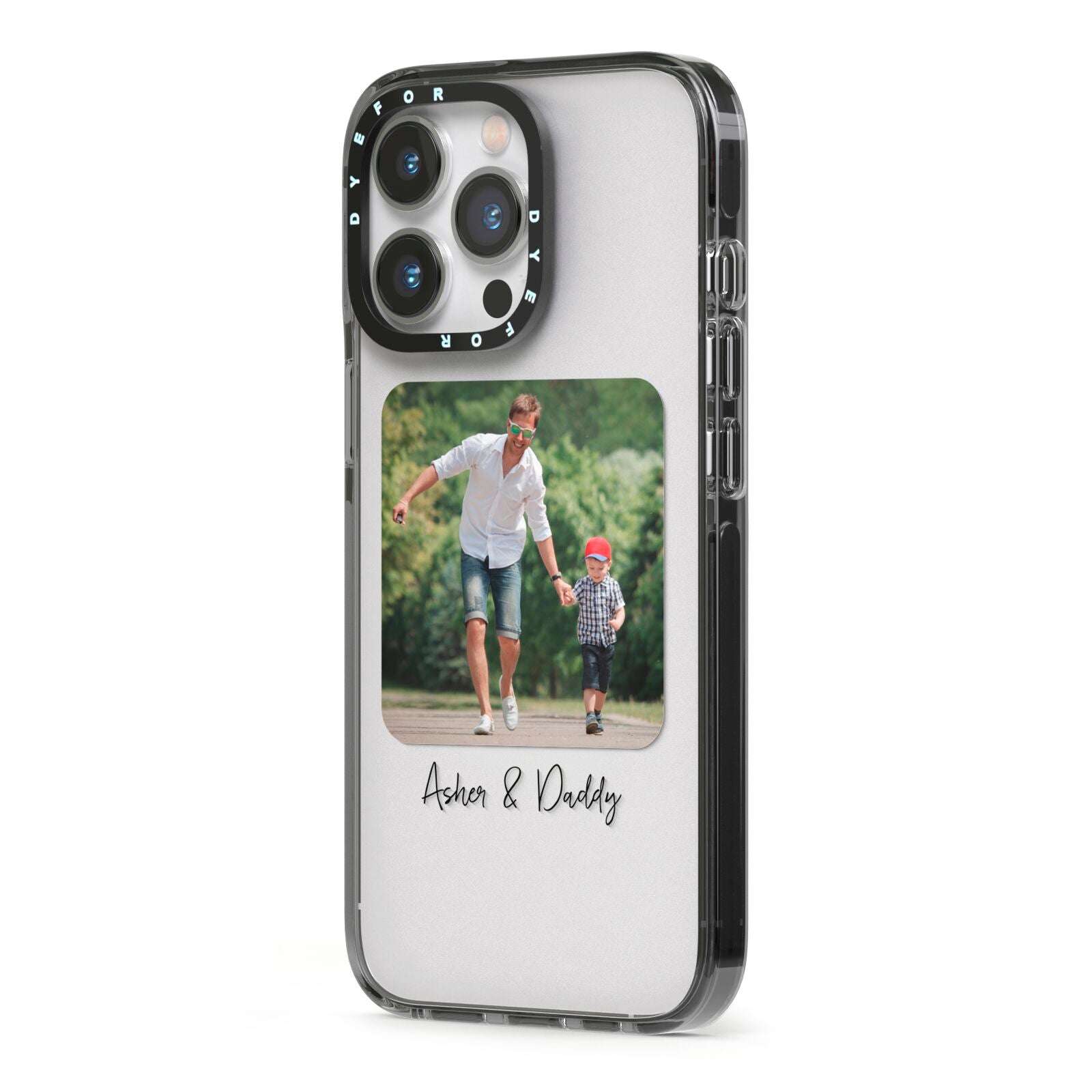 Parent and Child Photo with Text iPhone 13 Pro Black Impact Case Side Angle on Silver phone