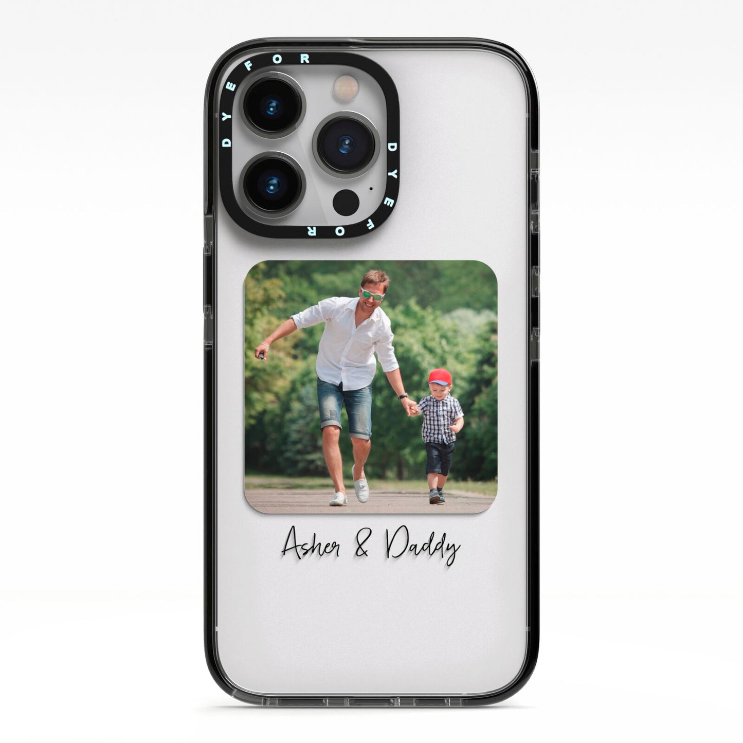 Parent and Child Photo with Text iPhone 13 Pro Black Impact Case on Silver phone