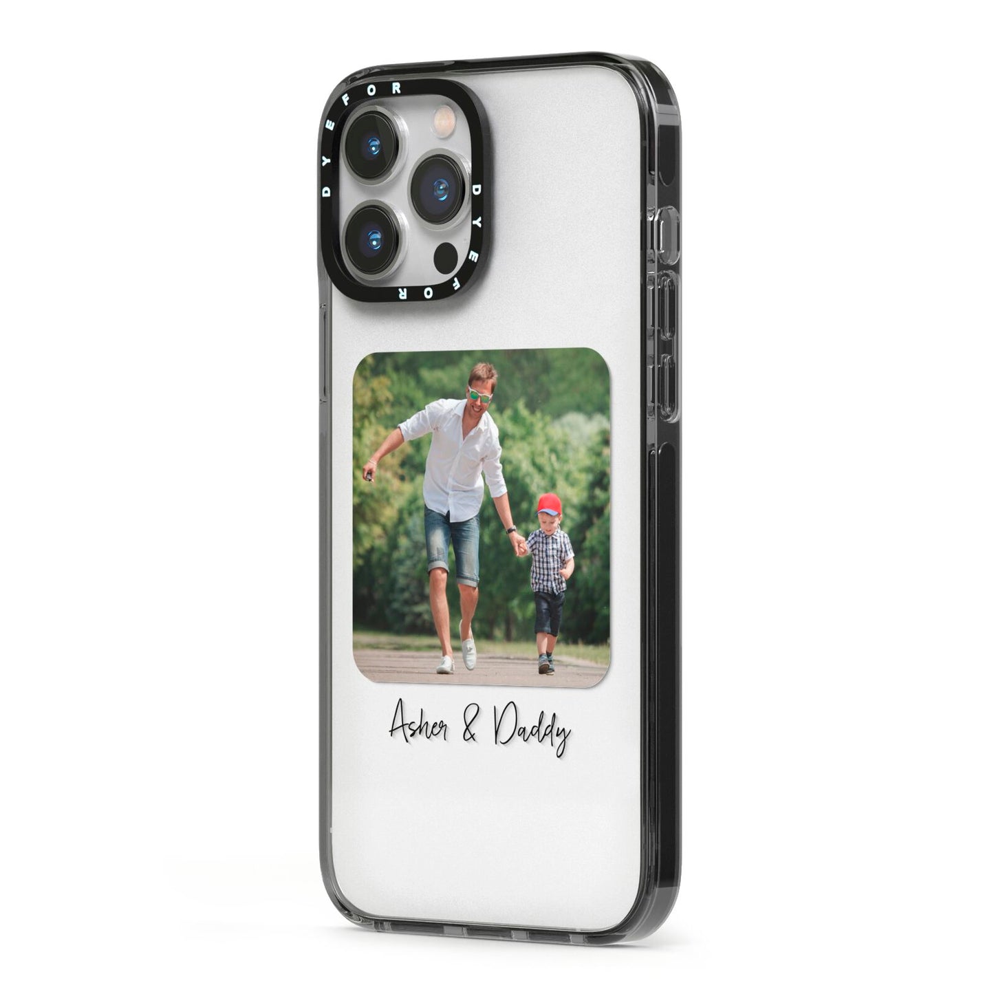 Parent and Child Photo with Text iPhone 13 Pro Max Black Impact Case Side Angle on Silver phone