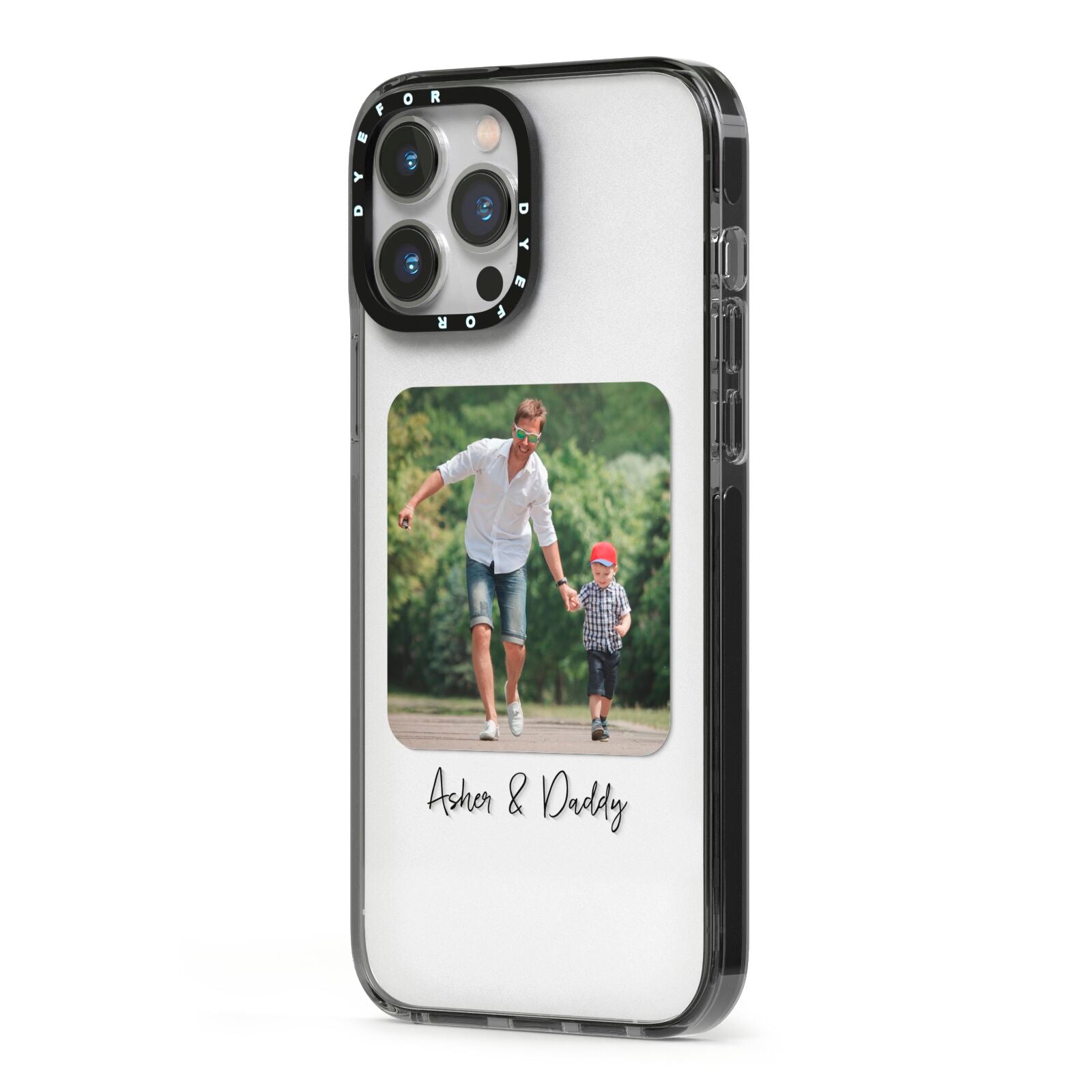 Parent and Child Photo with Text iPhone 13 Pro Max Black Impact Case Side Angle on Silver phone