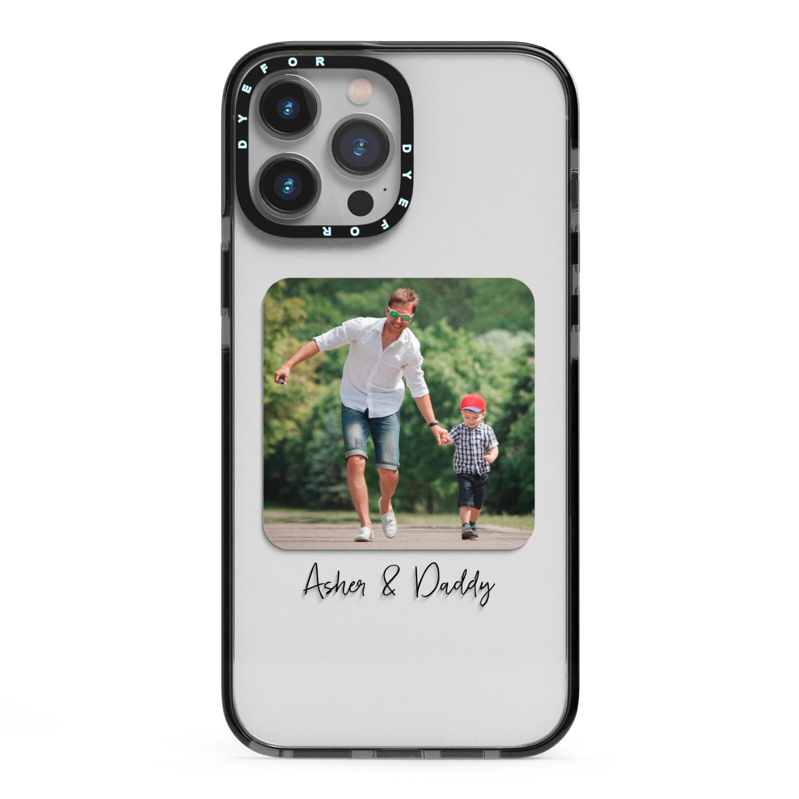 Parent and Child Photo with Text iPhone 13 Pro Max Black Impact Case on Silver phone
