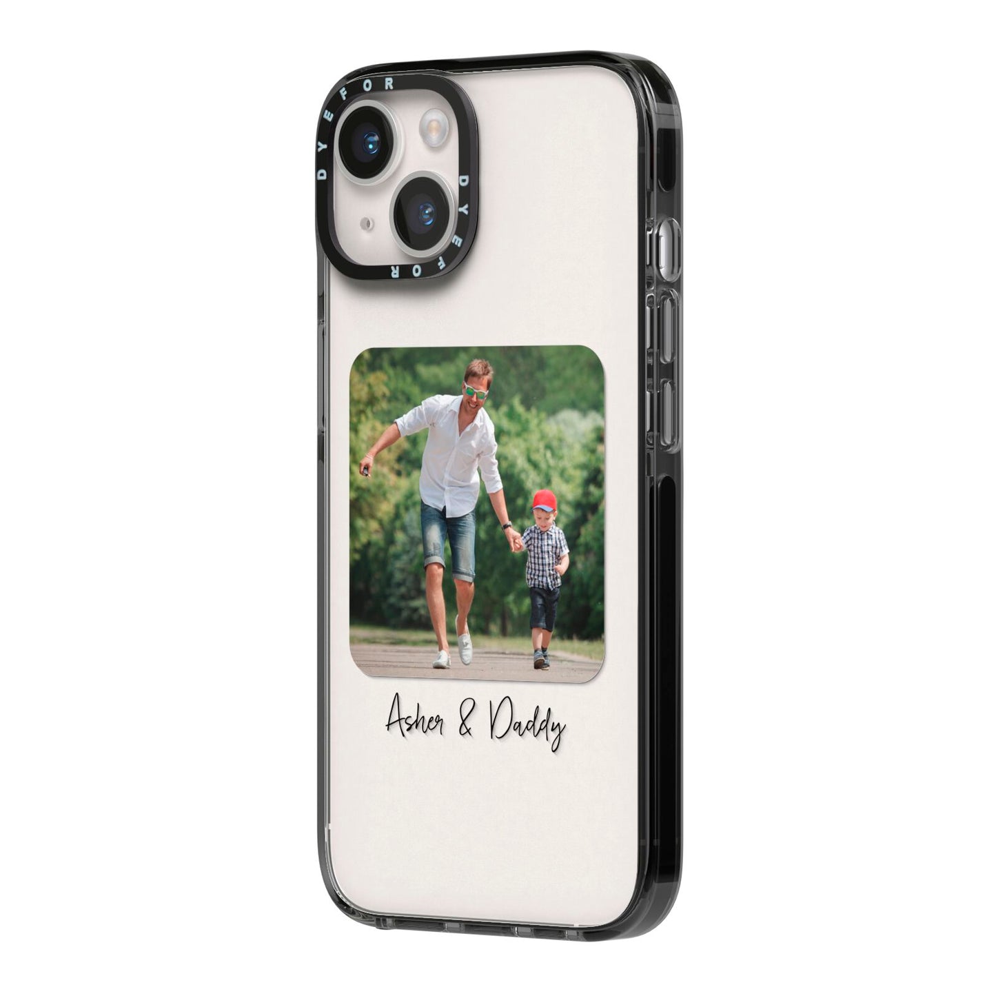Parent and Child Photo with Text iPhone 14 Black Impact Case Side Angle on Silver phone