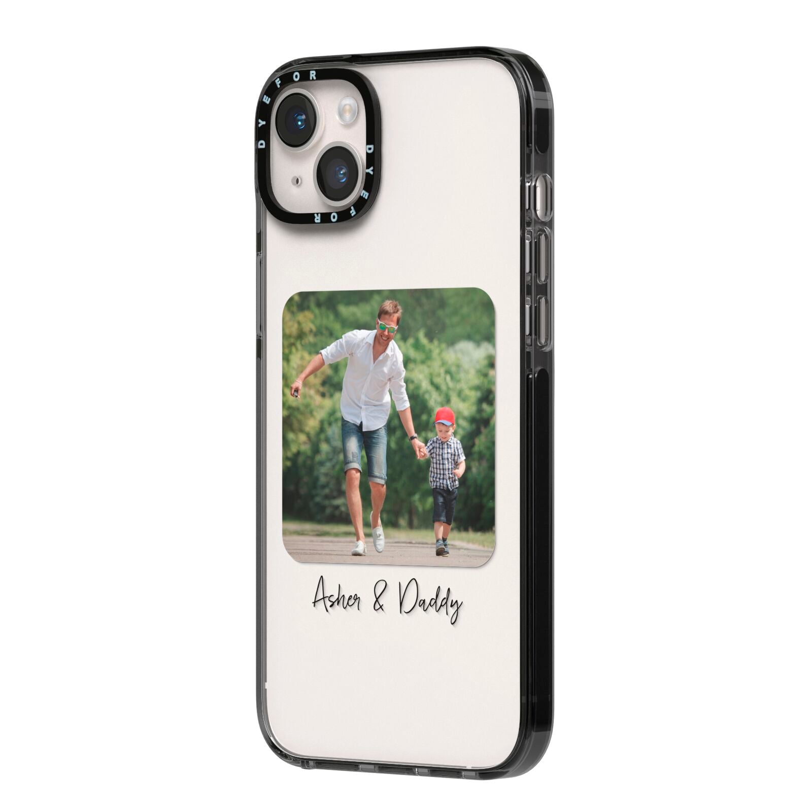 Parent and Child Photo with Text iPhone 14 Plus Black Impact Case Side Angle on Silver phone