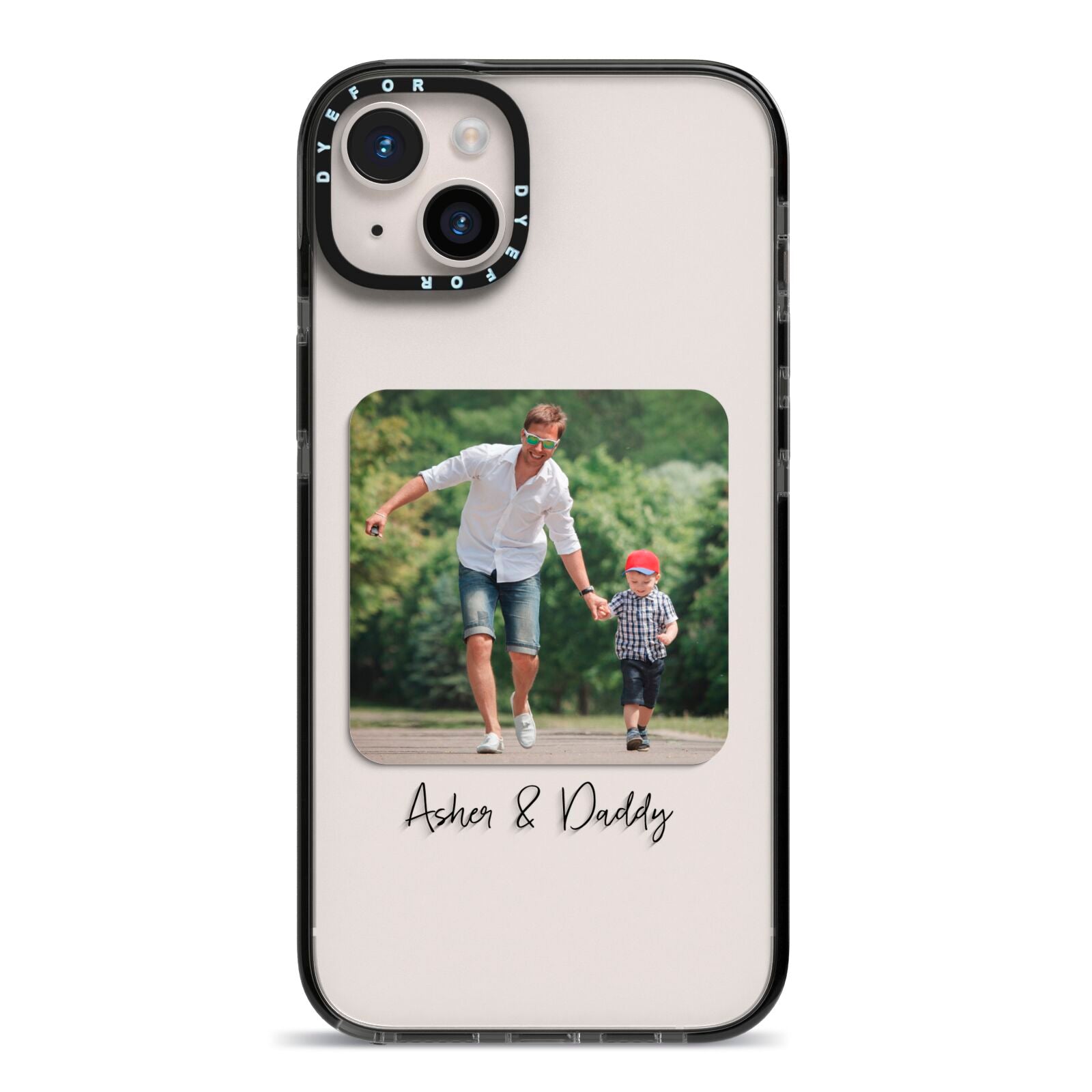Parent and Child Photo with Text iPhone 14 Plus Black Impact Case on Silver phone