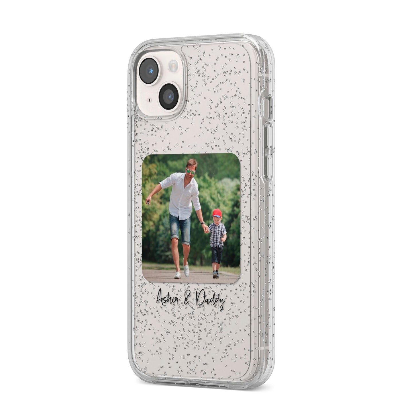 Parent and Child Photo with Text iPhone 14 Plus Glitter Tough Case Starlight Angled Image