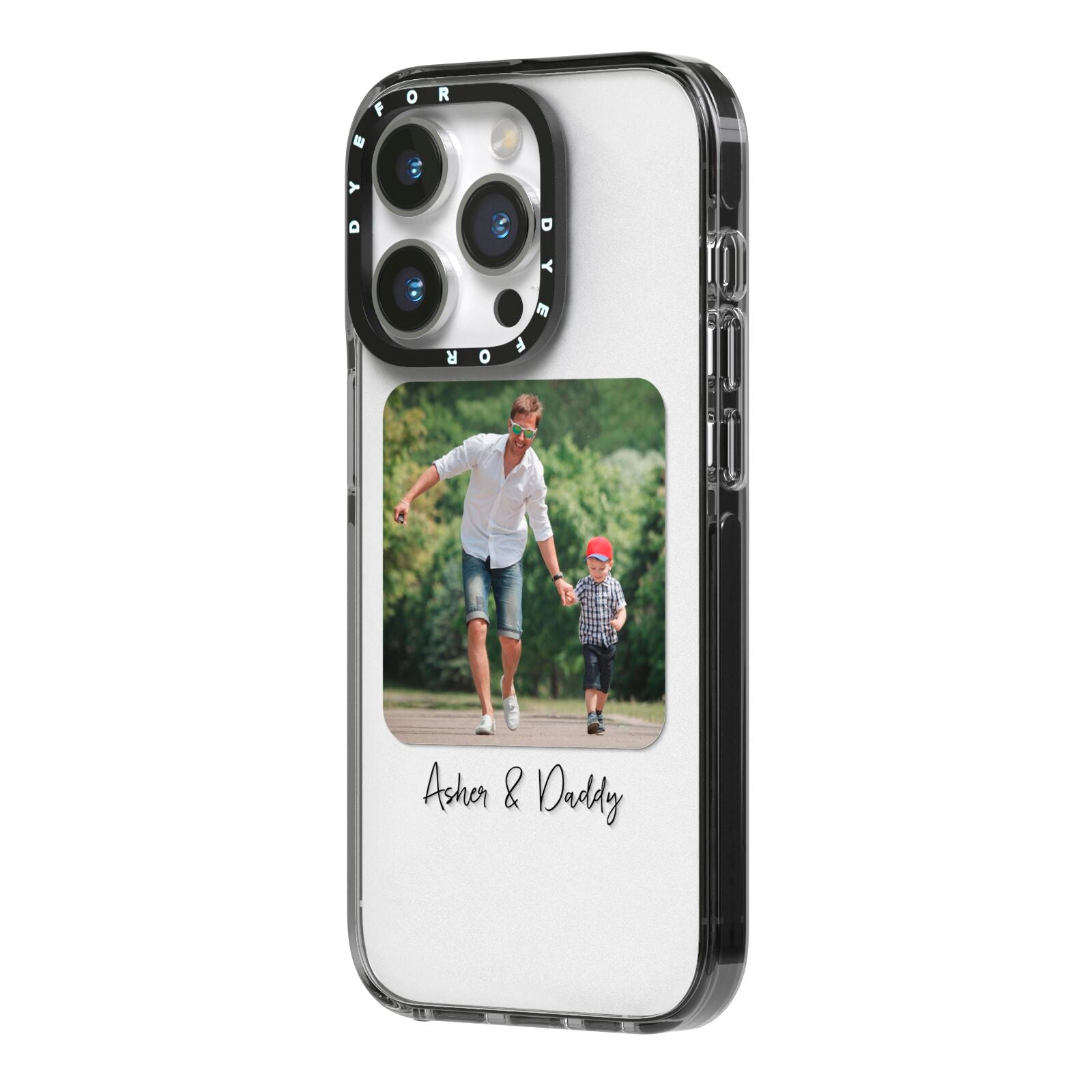Parent and Child Photo with Text iPhone 14 Pro Black Impact Case Side Angle on Silver phone