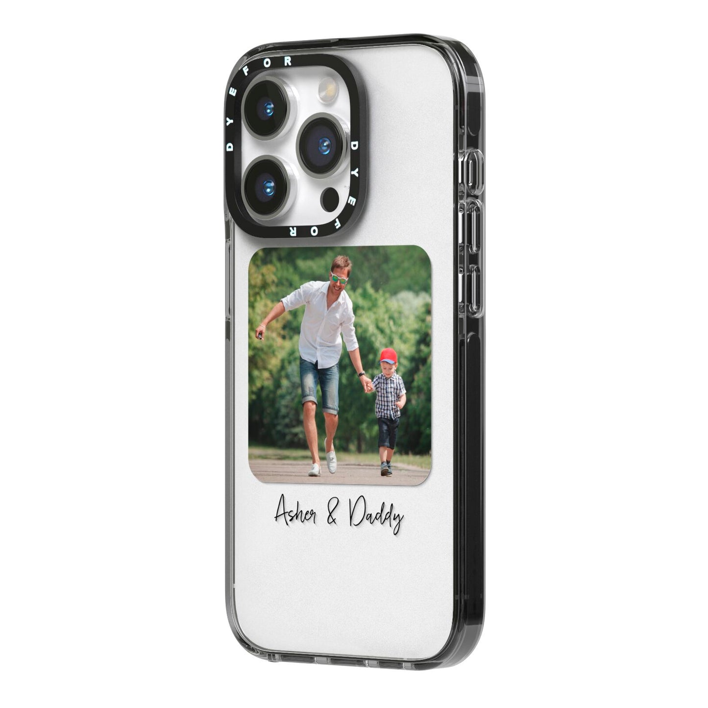 Parent and Child Photo with Text iPhone 14 Pro Black Impact Case Side Angle on Silver phone