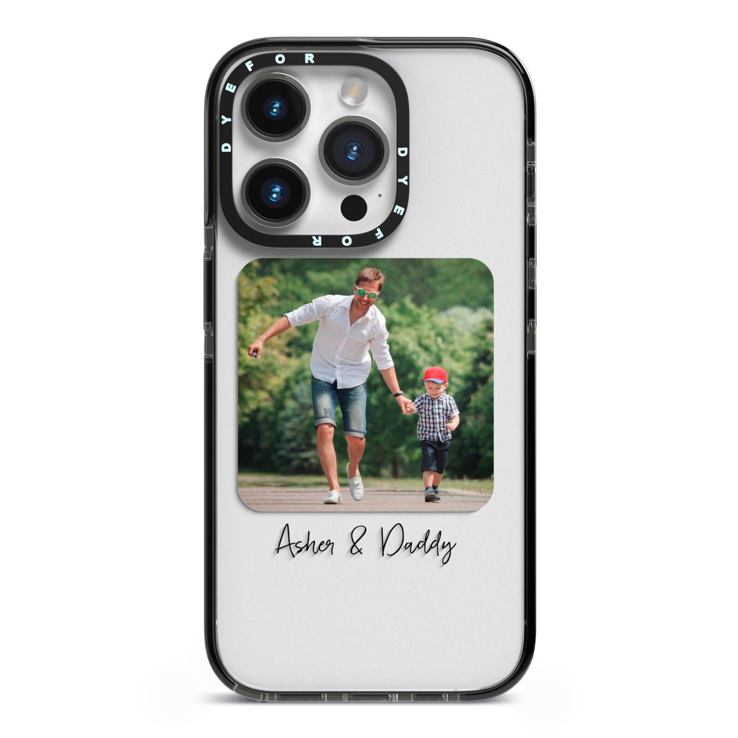 Parent and Child Photo with Text iPhone 14 Pro Black Impact Case on Silver phone