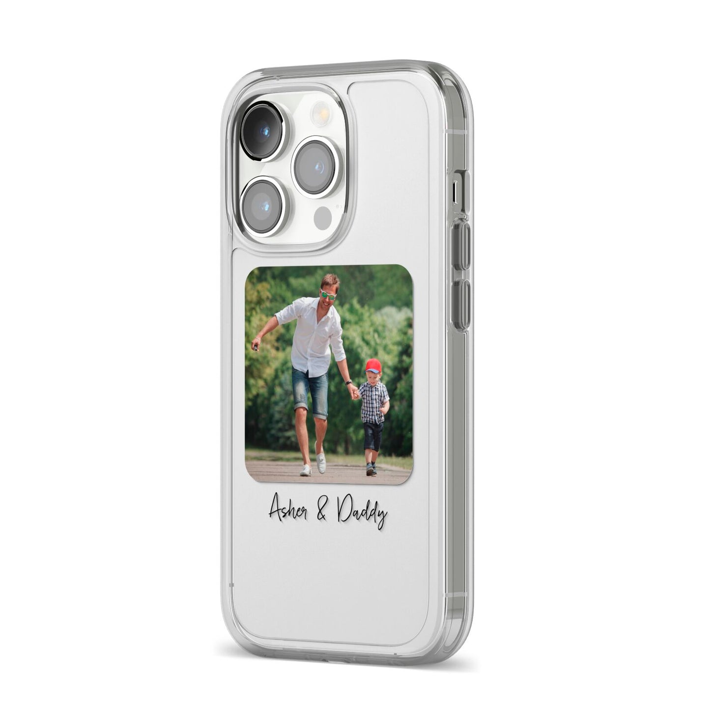 Parent and Child Photo with Text iPhone 14 Pro Clear Tough Case Silver Angled Image