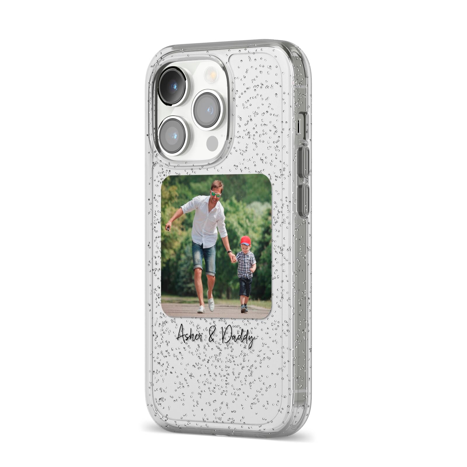 Parent and Child Photo with Text iPhone 14 Pro Glitter Tough Case Silver Angled Image