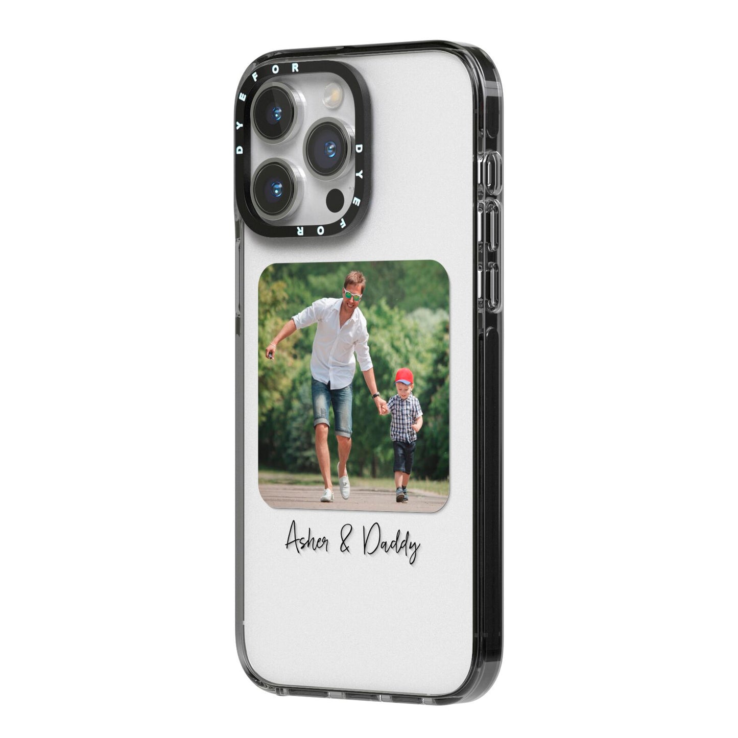 Parent and Child Photo with Text iPhone 14 Pro Max Black Impact Case Side Angle on Silver phone