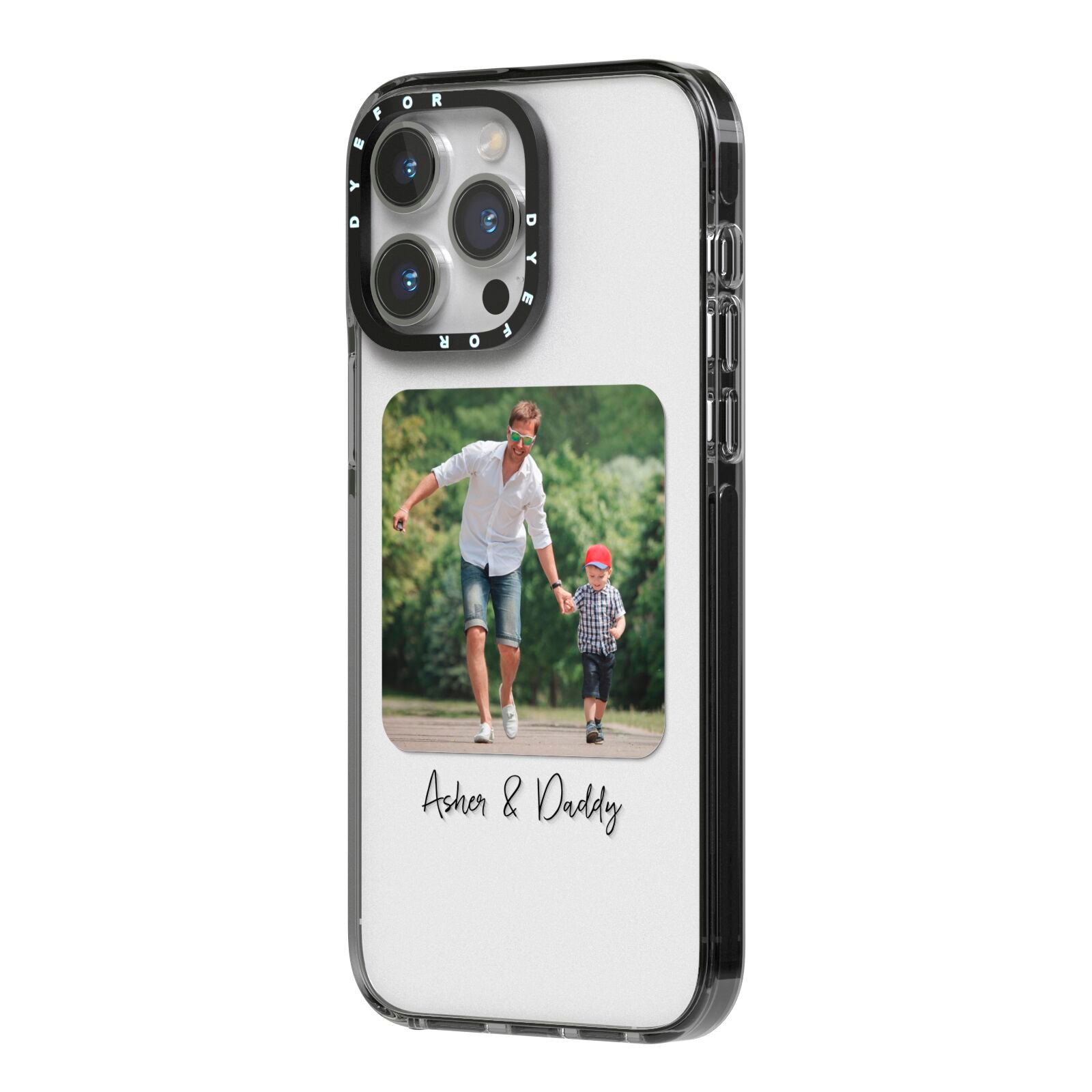 Parent and Child Photo with Text iPhone 14 Pro Max Black Impact Case Side Angle on Silver phone