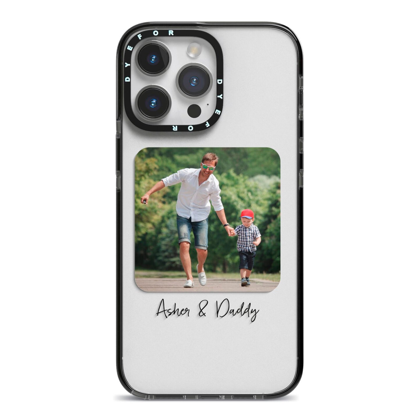 Parent and Child Photo with Text iPhone 14 Pro Max Black Impact Case on Silver phone