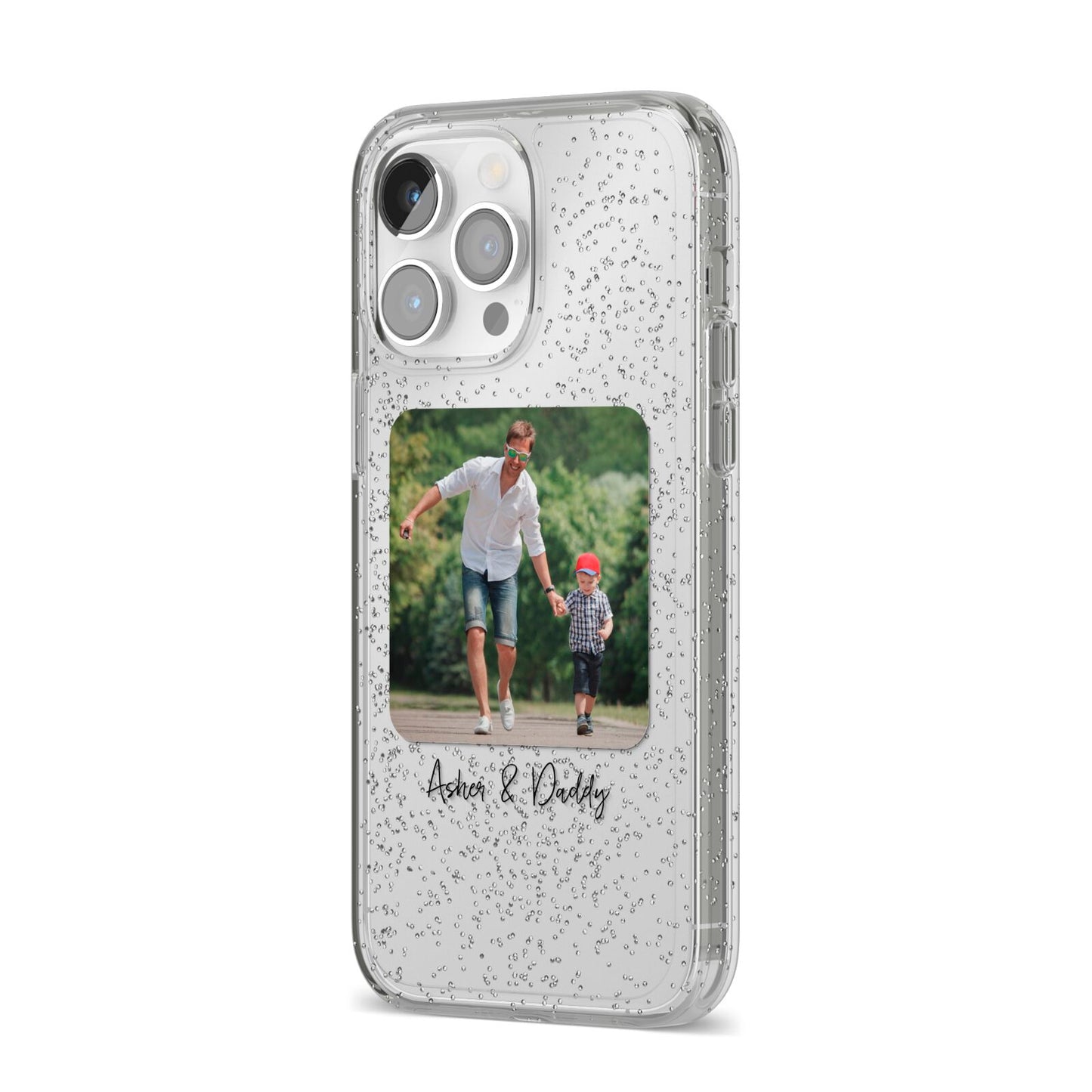 Parent and Child Photo with Text iPhone 14 Pro Max Glitter Tough Case Silver Angled Image