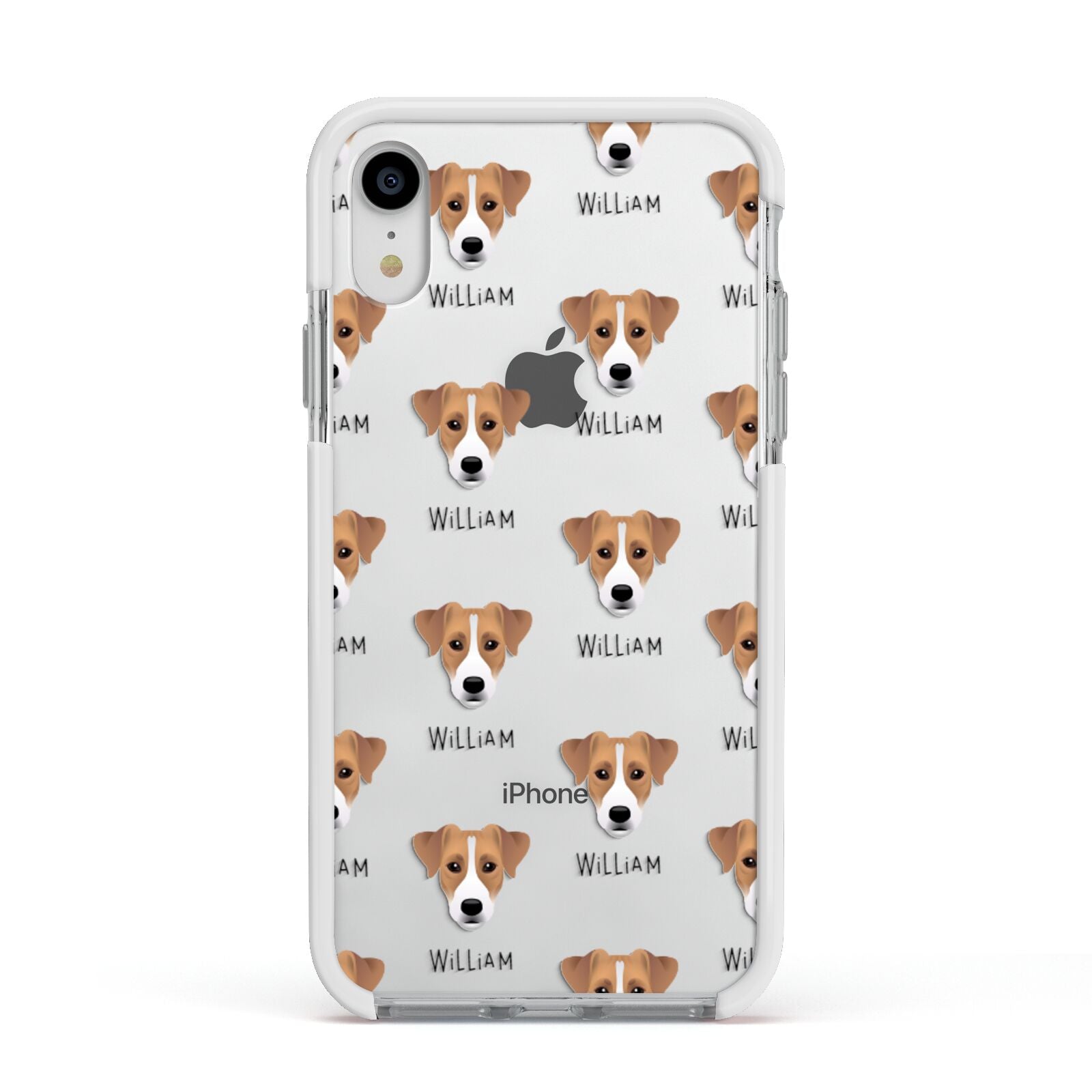 Parson Russell Terrier Icon with Name Apple iPhone XR Impact Case White Edge on Silver Phone