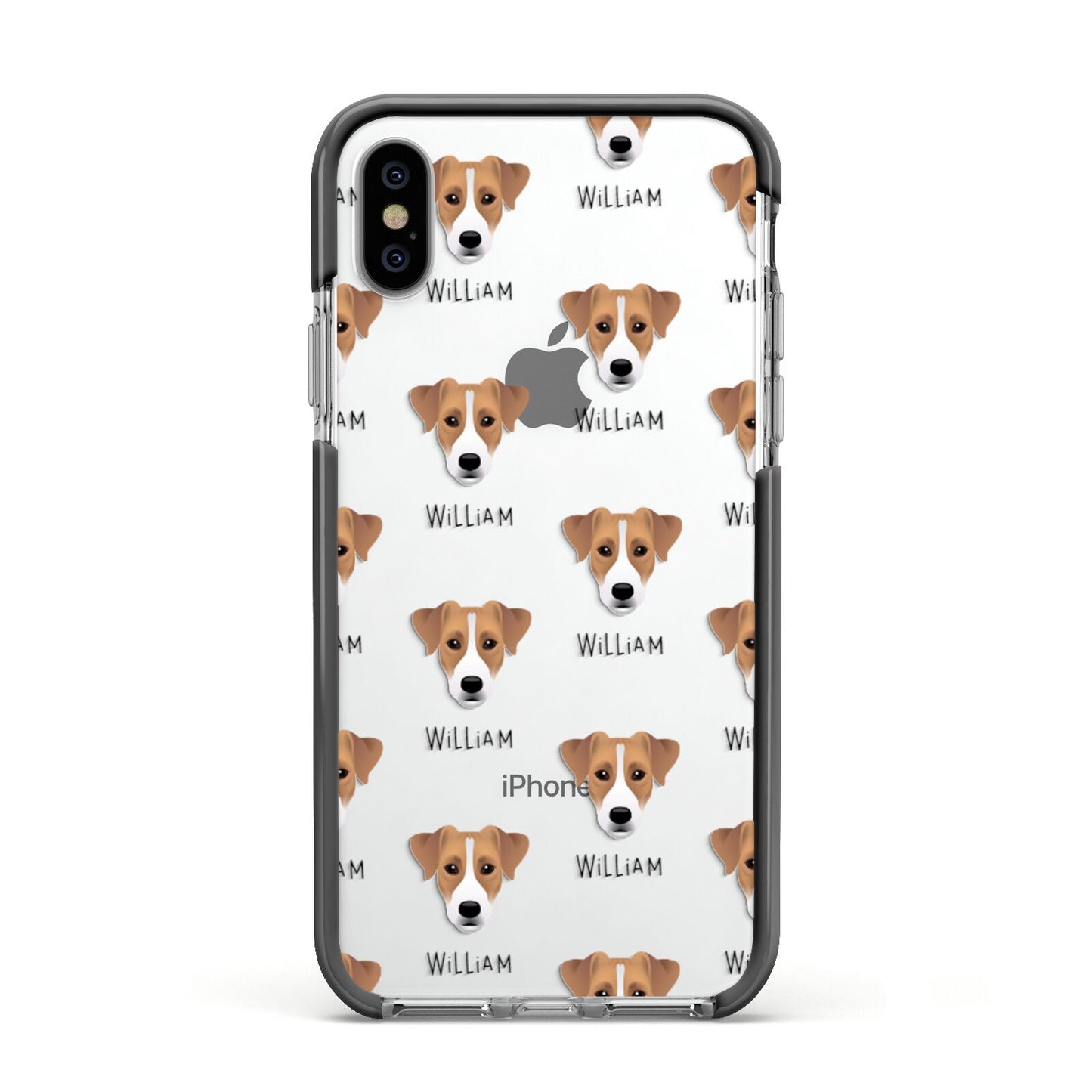 Parson Russell Terrier Icon with Name Apple iPhone Xs Impact Case Black Edge on Silver Phone