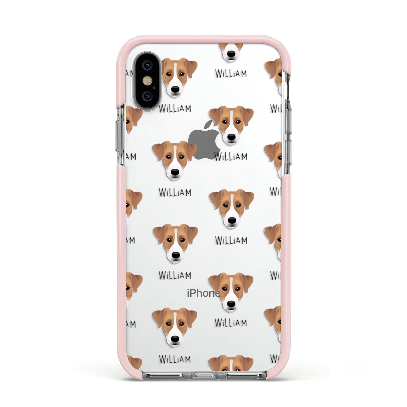 Parson Russell Terrier Icon with Name Apple iPhone Xs Impact Case Pink Edge on Silver Phone