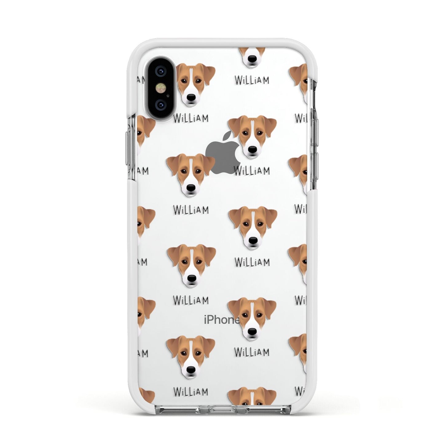 Parson Russell Terrier Icon with Name Apple iPhone Xs Impact Case White Edge on Silver Phone