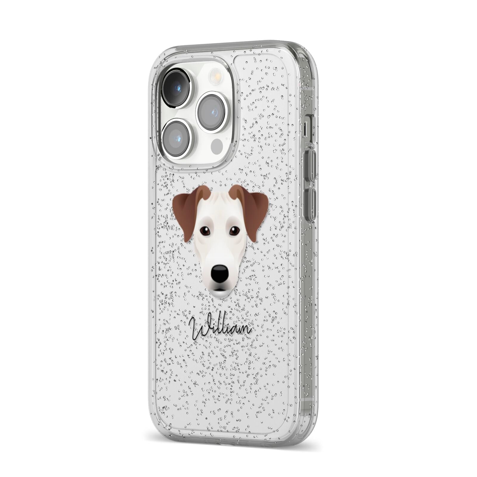 Parson Russell Terrier Personalised iPhone 14 Pro Glitter Tough Case Silver Angled Image