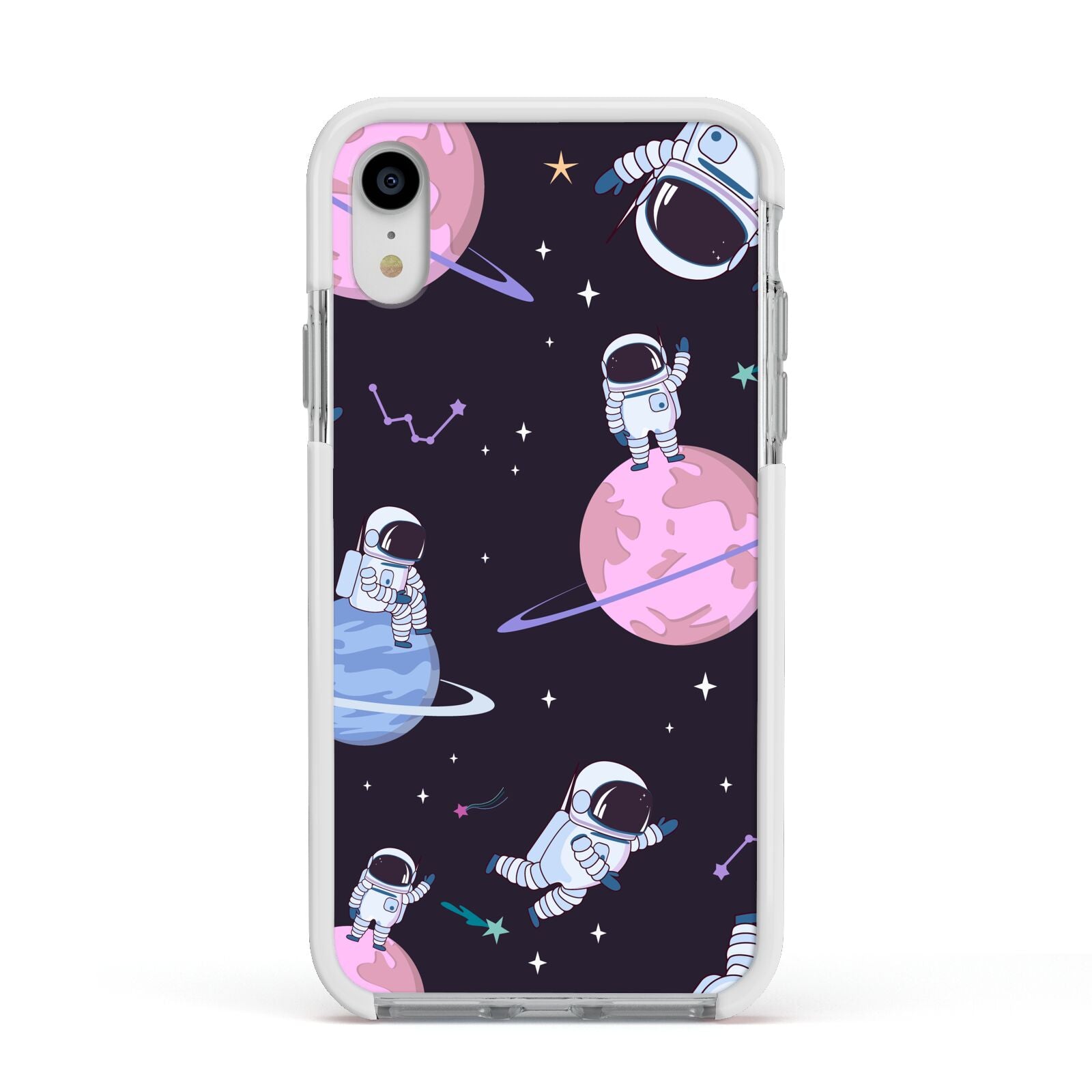 Pastel Hue Space Scene Apple iPhone XR Impact Case White Edge on Silver Phone