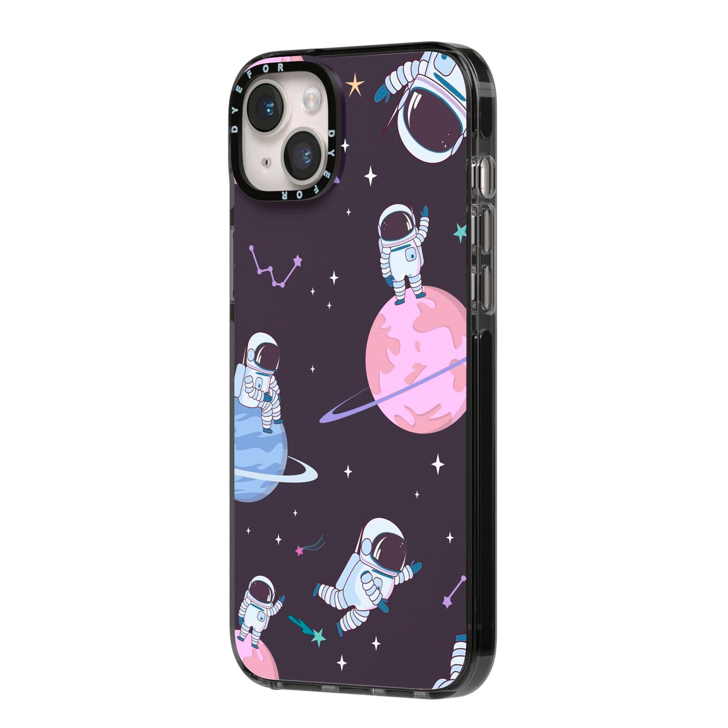 Pastel Hue Space Scene iPhone 14 Plus Black Impact Case Side Angle on Silver phone
