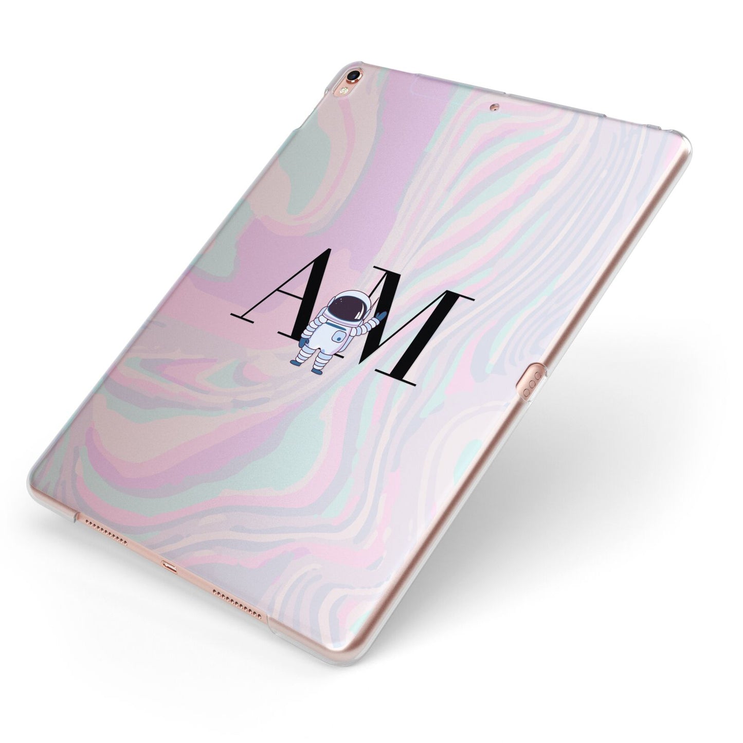 Pastel Marble Ink Astronaut Initials Apple iPad Case on Rose Gold iPad Side View