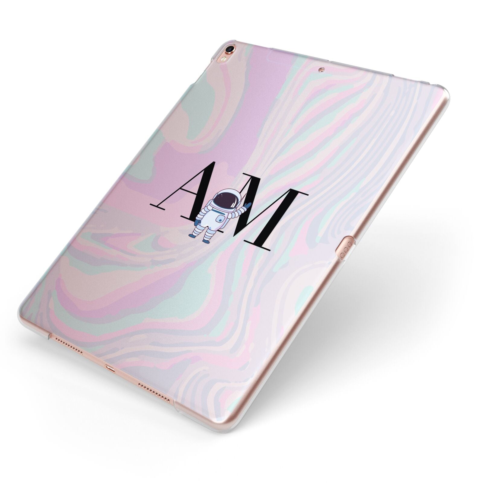 Pastel Marble Ink Astronaut Initials Apple iPad Case on Rose Gold iPad Side View