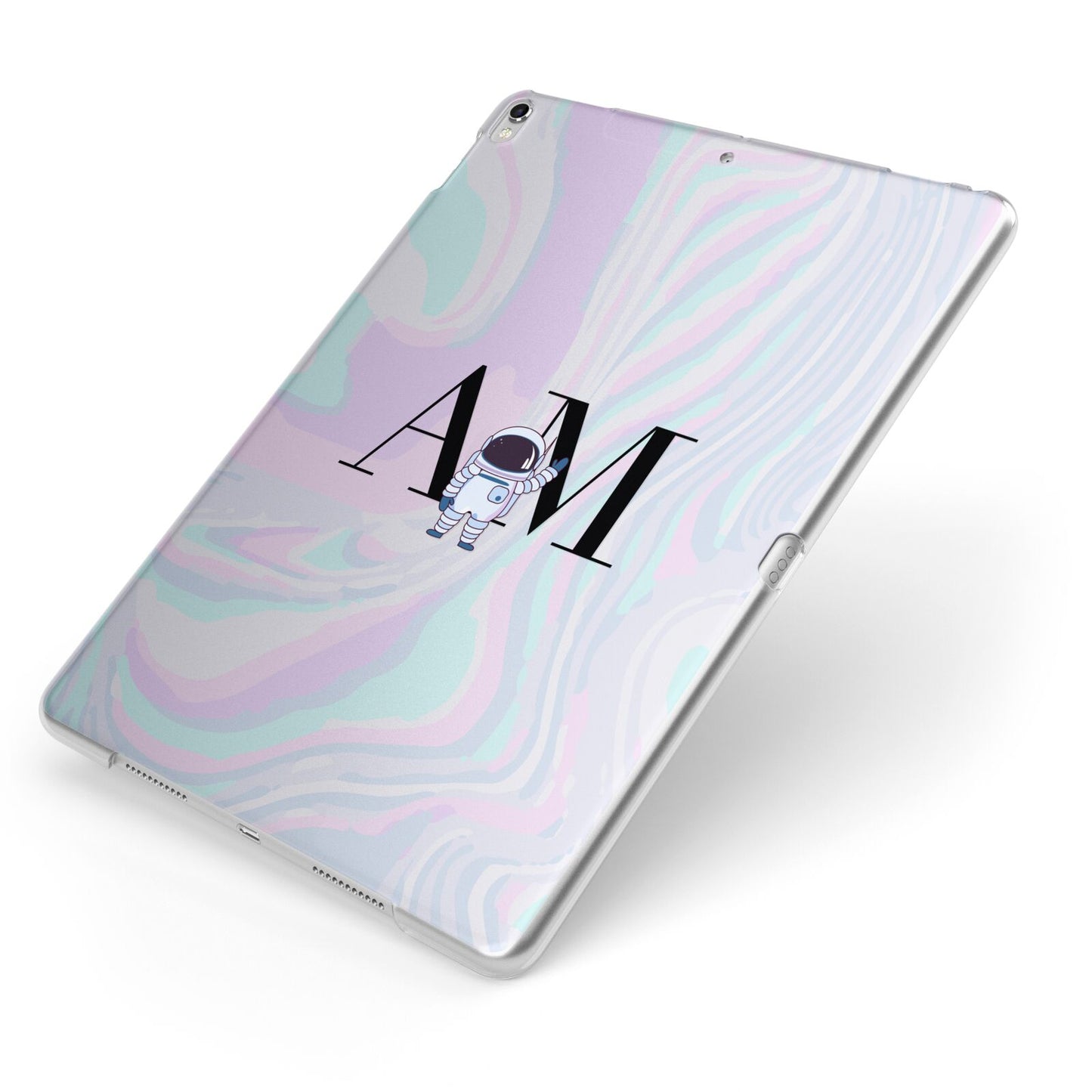 Pastel Marble Ink Astronaut Initials Apple iPad Case on Silver iPad Side View