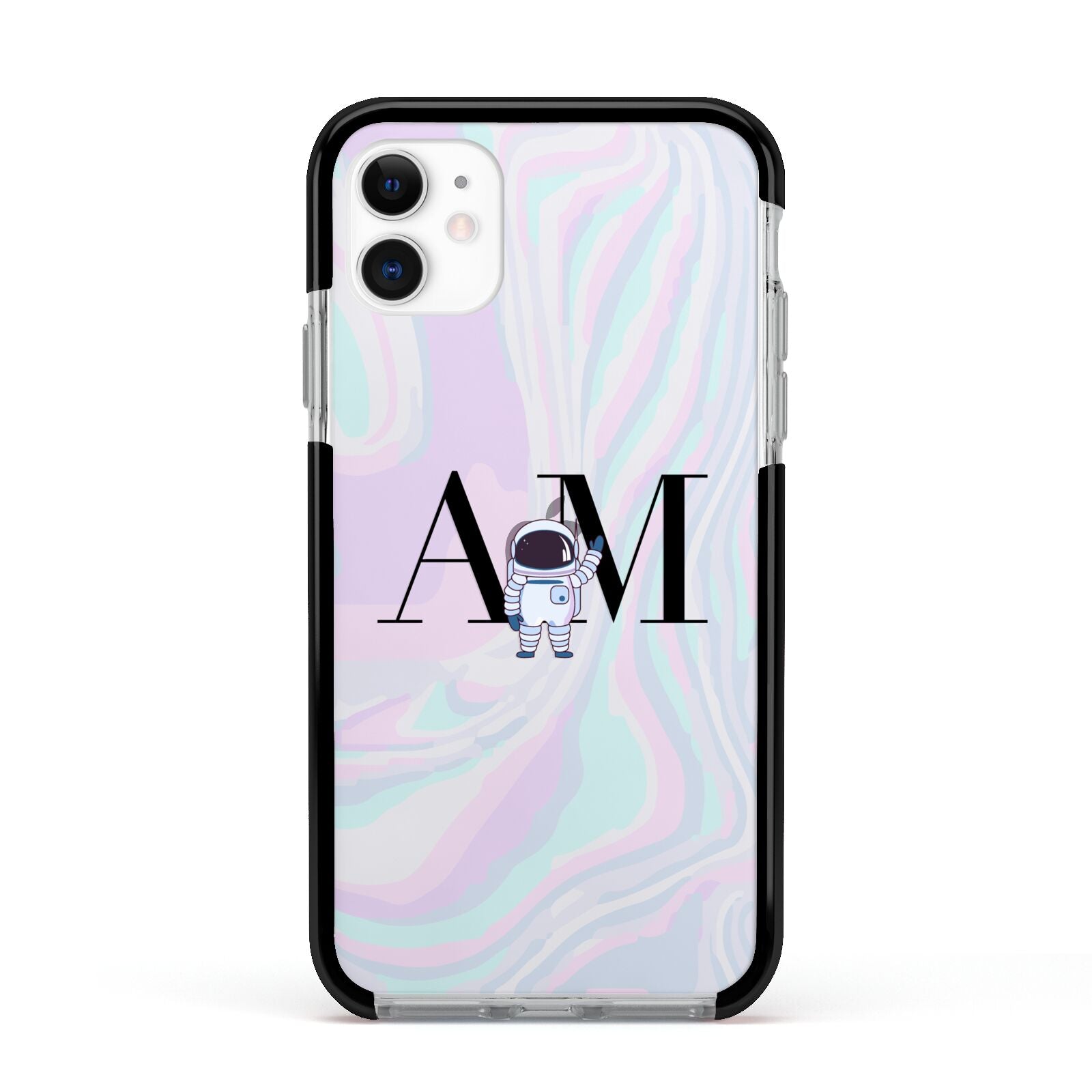 Pastel Marble Ink Astronaut Initials Apple iPhone 11 in White with Black Impact Case