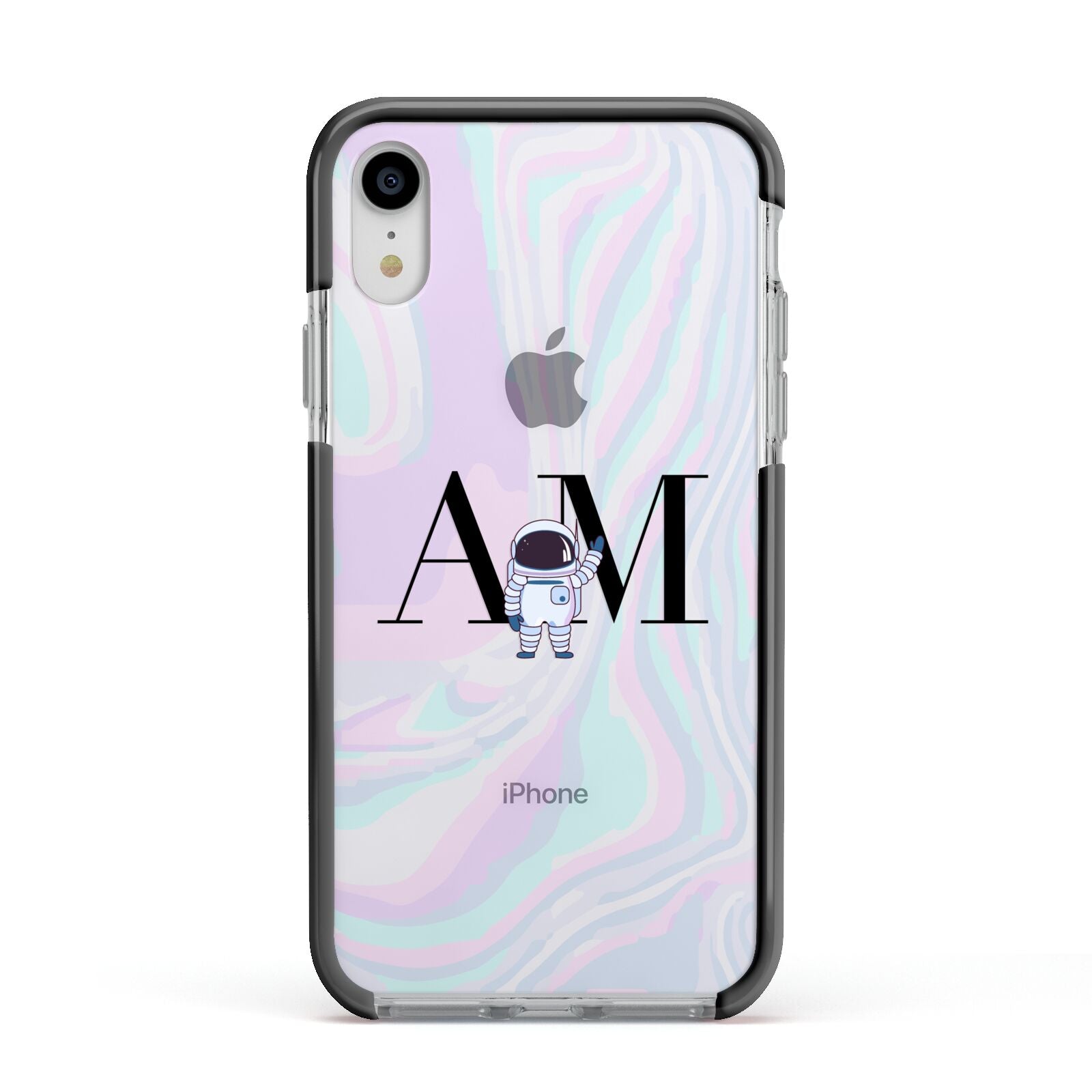 Pastel Marble Ink Astronaut Initials Apple iPhone XR Impact Case Black Edge on Silver Phone