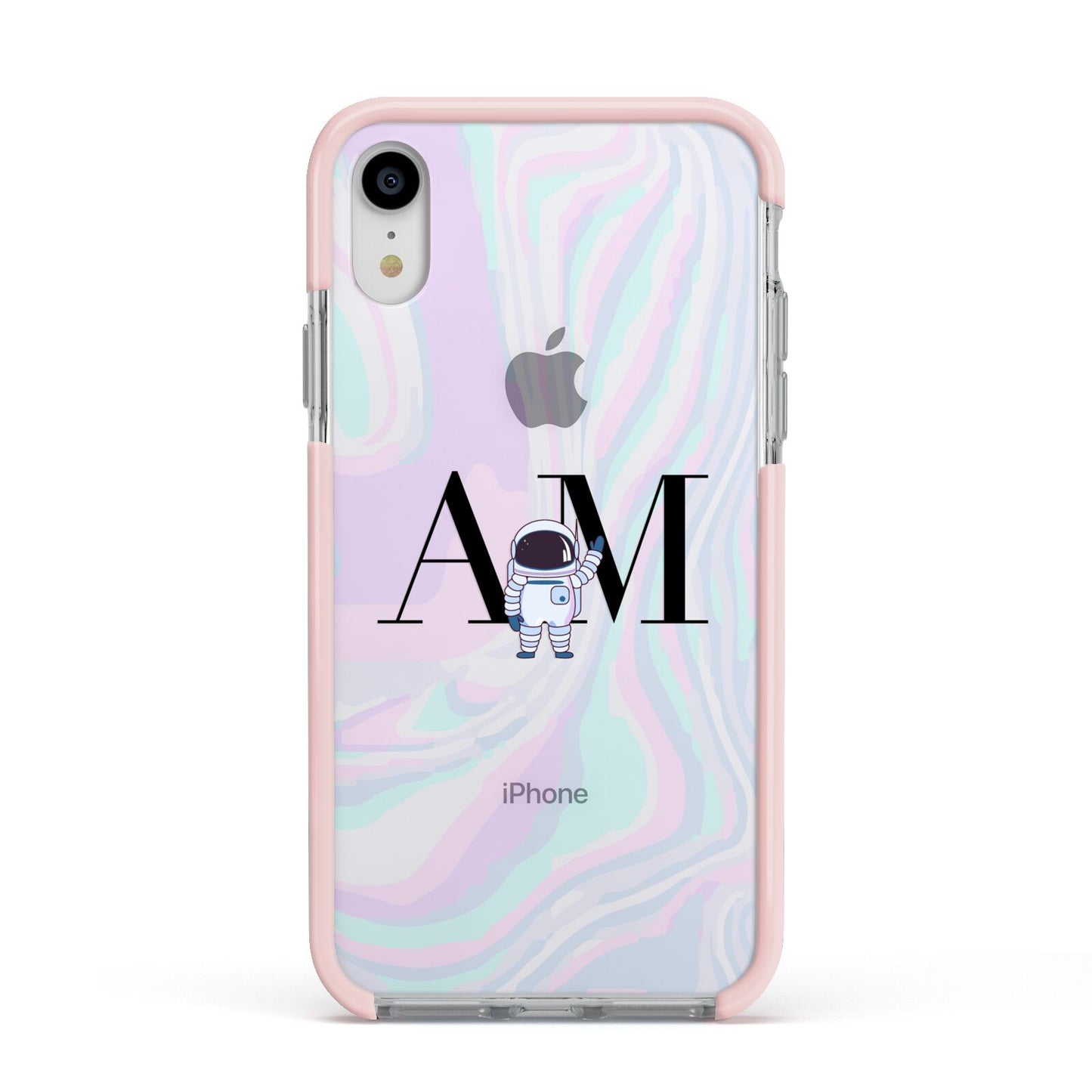 Pastel Marble Ink Astronaut Initials Apple iPhone XR Impact Case Pink Edge on Silver Phone