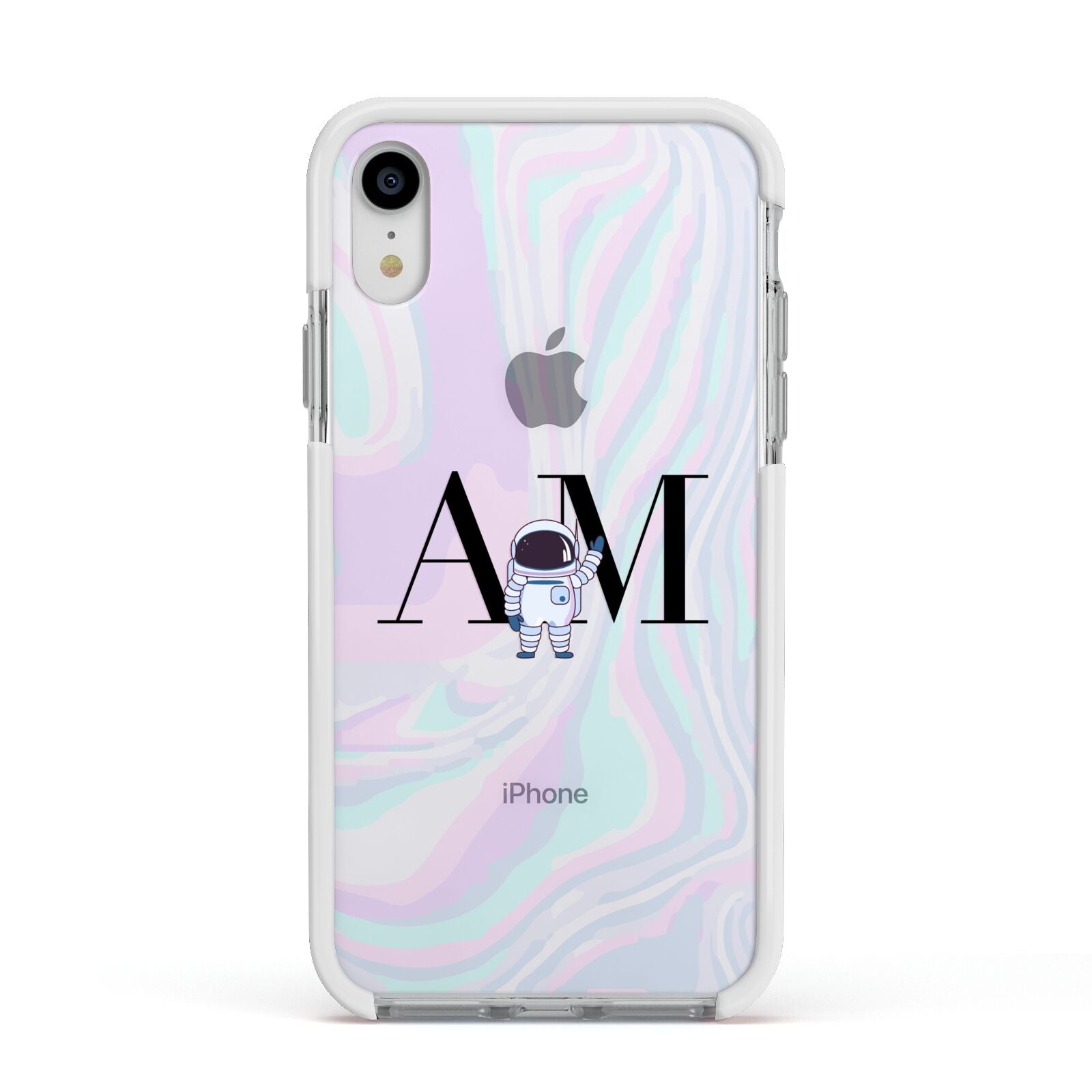 Pastel Marble Ink Astronaut Initials Apple iPhone XR Impact Case White Edge on Silver Phone
