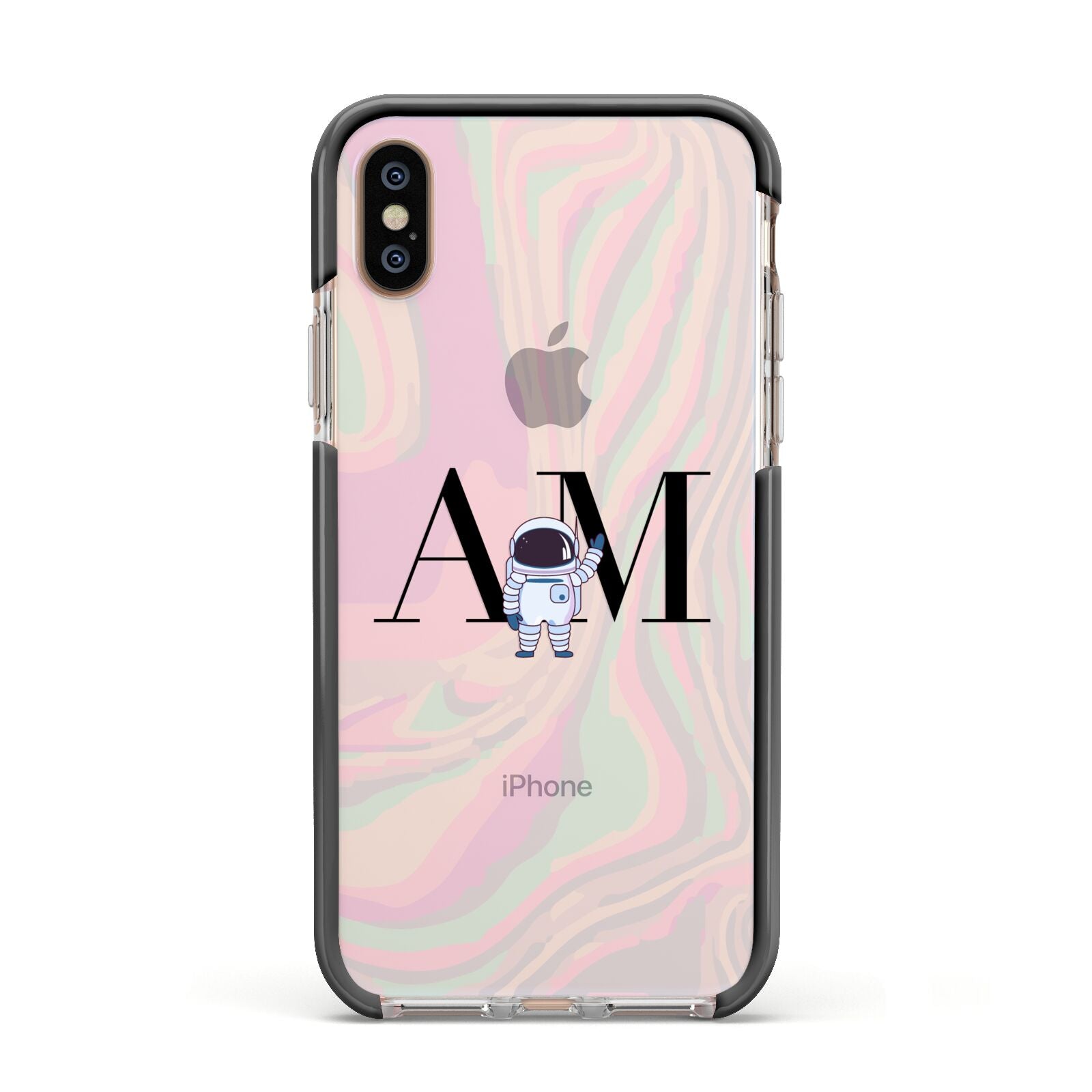 Pastel Marble Ink Astronaut Initials Apple iPhone Xs Impact Case Black Edge on Gold Phone
